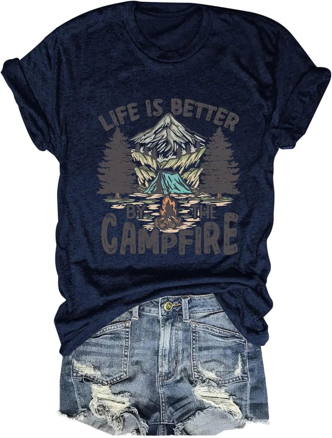 Life is Better by The Campfire.T-Shirt Women Funny Camper Camp Camping T-Shirt Tent Graphic Tee Casual Top