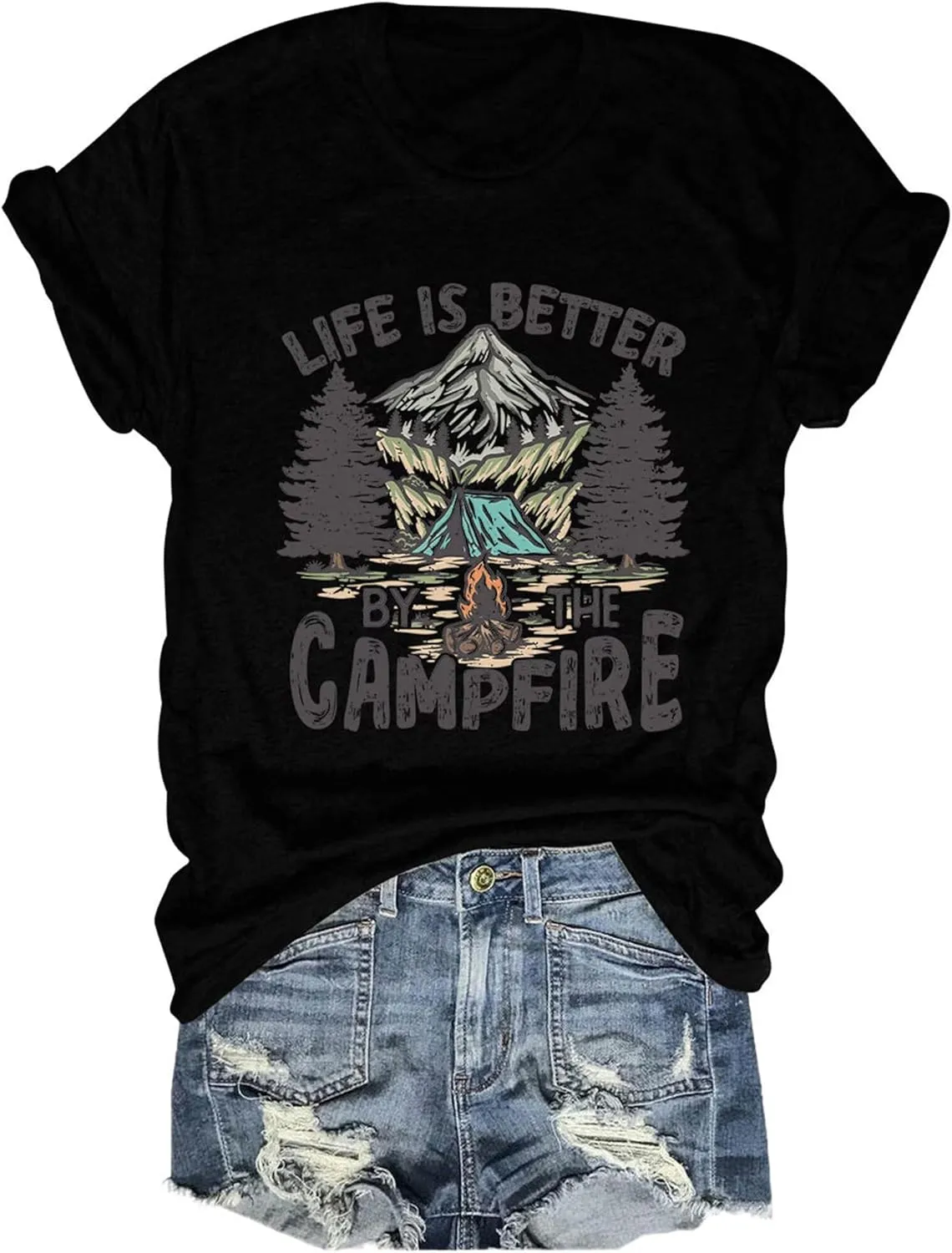 Life is Better by The Campfire.T-Shirt Women Funny Camper Camp Camping T-Shirt Tent Graphic Tee Casual Top