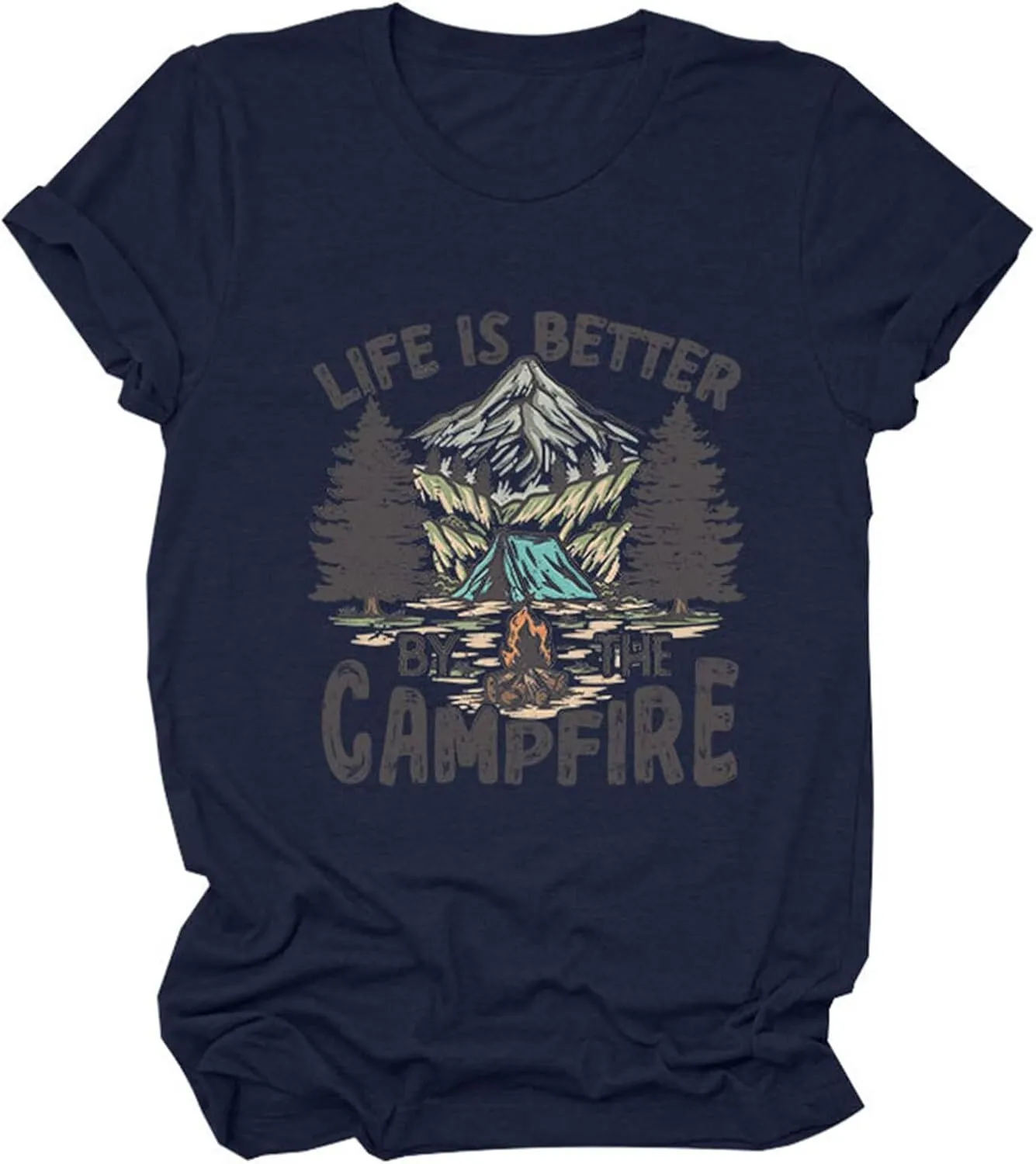 Life is Better by The Campfire.T-Shirt Women Funny Camper Camp Camping T-Shirt Tent Graphic Tee Casual Top