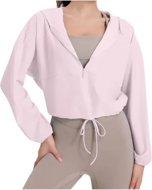 Lightweight Workout Jacket for Women Cropped Athletic Gym Running Hoodie UV Protection Half Zip Pullover UPF 50 