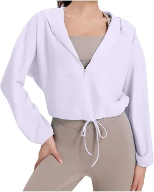 Lightweight Workout Jacket for Women Cropped Athletic Gym Running Hoodie UV Protection Half Zip Pullover UPF 50 
