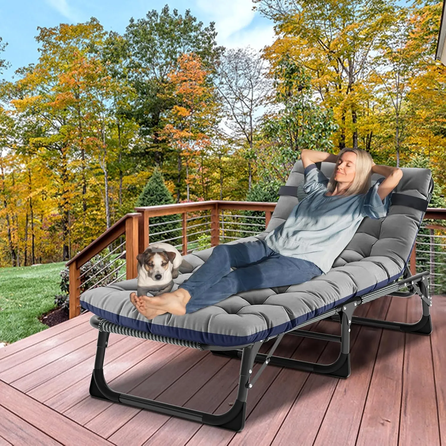 LILYPELLE Portable Folding Camping Cot, Adjustable 5-Position Adults Reclining Folding Chaise with Pillow, Outdoor Portable Folding Lounge Chair Sleeping Cots Bed for Camping, Pool, Beach, Patio