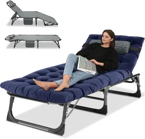 LILYPELLE Portable Folding Camping Cot, Adjustable 5-Position Adults Reclining Folding Chaise with Pillow, Outdoor Portable Folding Lounge Chair Sleeping Cots Bed for Camping, Pool, Beach, Patio