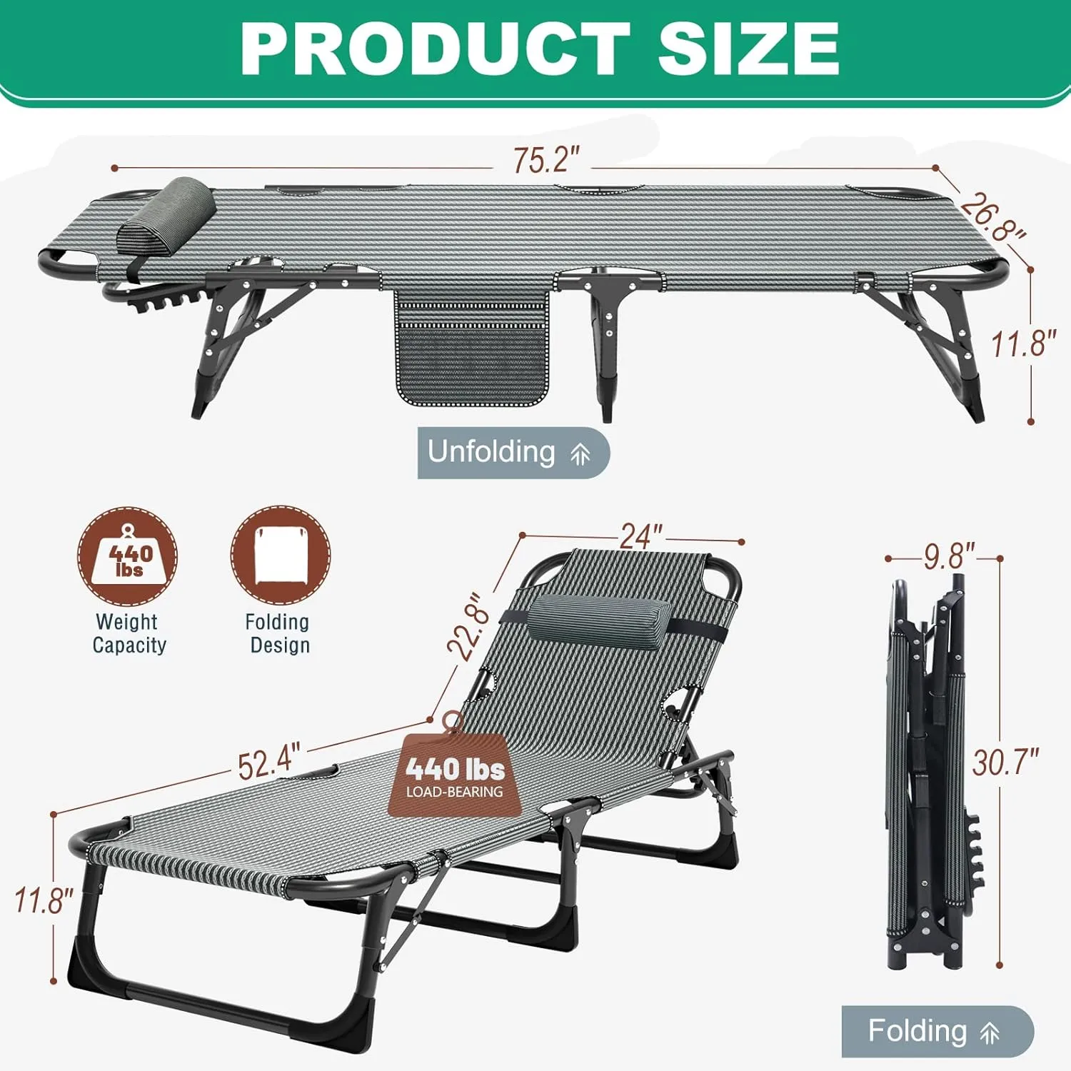 LILYPELLE Portable Folding Camping Cot, Adjustable 5-Position Adults Reclining Folding Chaise with Pillow, Outdoor Portable Folding Lounge Chair Sleeping Cots Bed for Camping, Pool, Beach, Patio