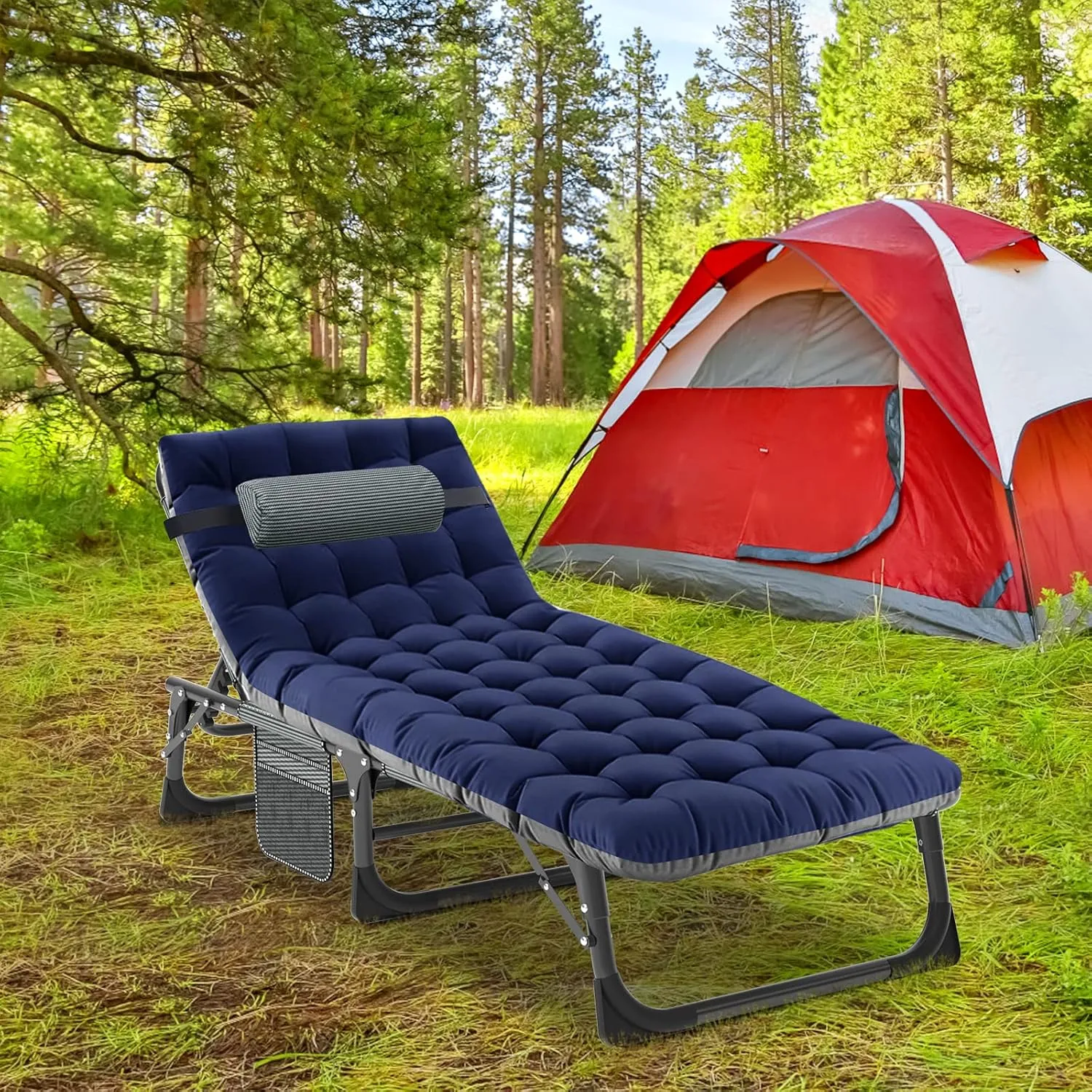 LILYPELLE Portable Folding Camping Cot, Adjustable 5-Position Adults Reclining Folding Chaise with Pillow, Outdoor Portable Folding Lounge Chair Sleeping Cots Bed for Camping, Pool, Beach, Patio