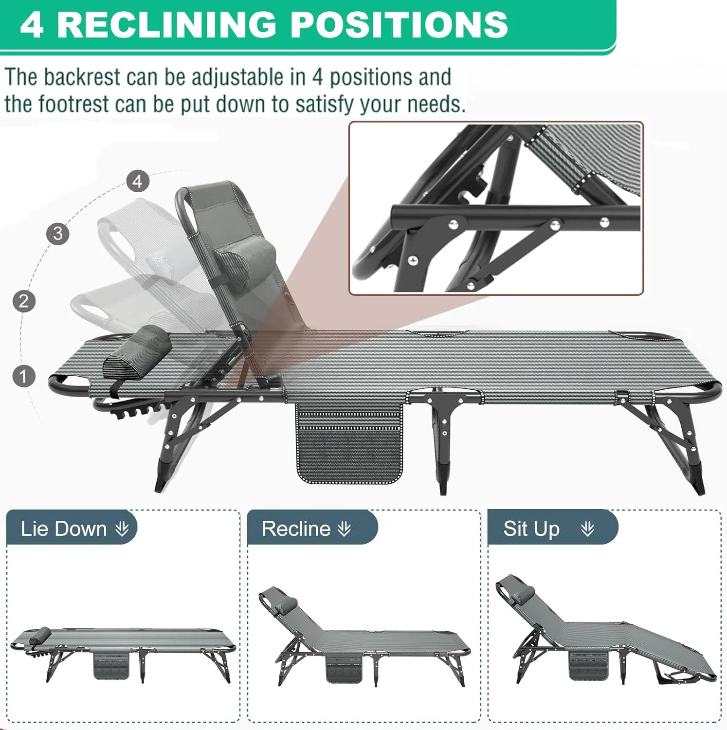 LILYPELLE Portable Folding Camping Cot, Adjustable 5-Position Adults Reclining Folding Chaise with Pillow, Outdoor Portable Folding Lounge Chair Sleeping Cots Bed for Camping, Pool, Beach, Patio