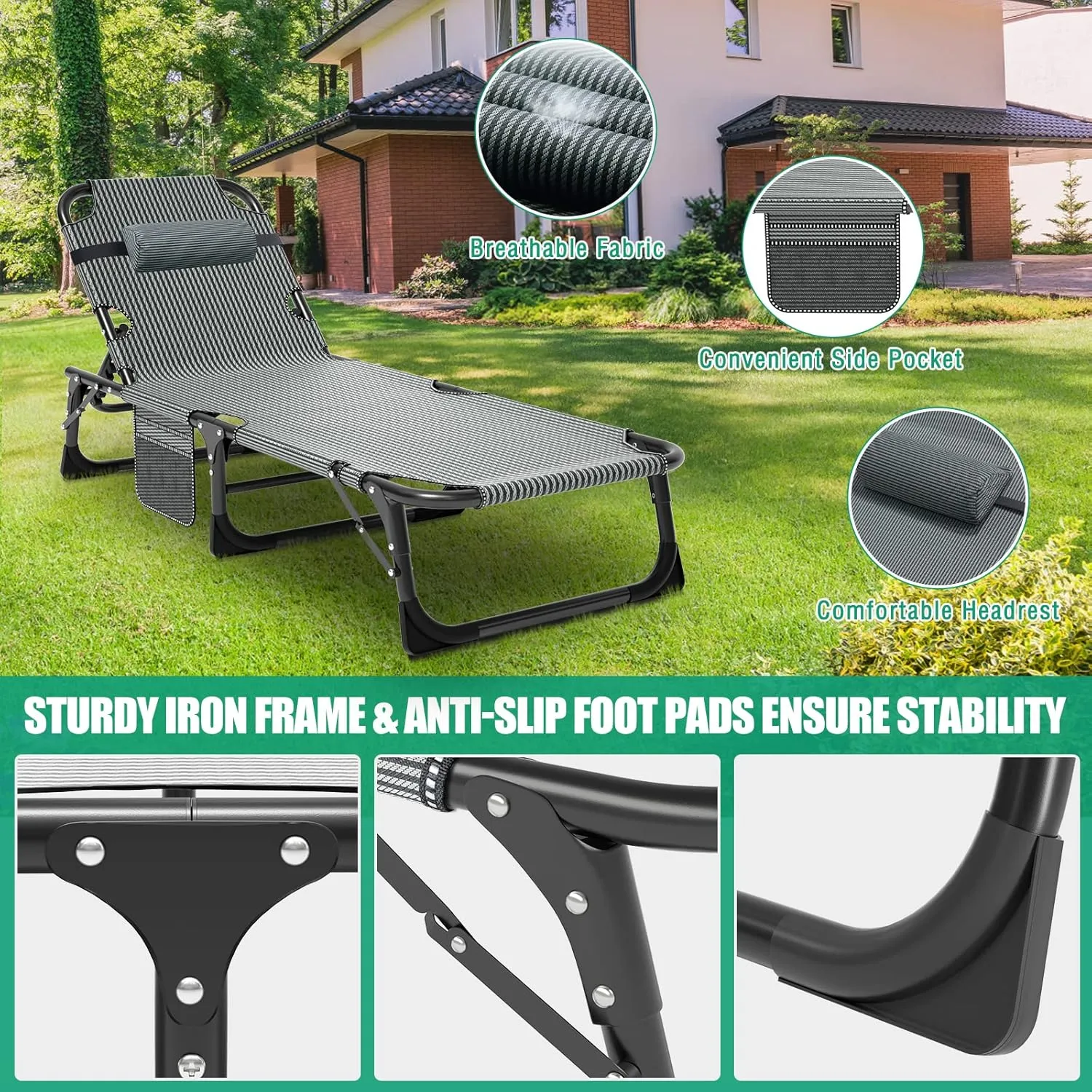 LILYPELLE Portable Folding Camping Cot, Adjustable 5-Position Adults Reclining Folding Chaise with Pillow, Outdoor Portable Folding Lounge Chair Sleeping Cots Bed for Camping, Pool, Beach, Patio