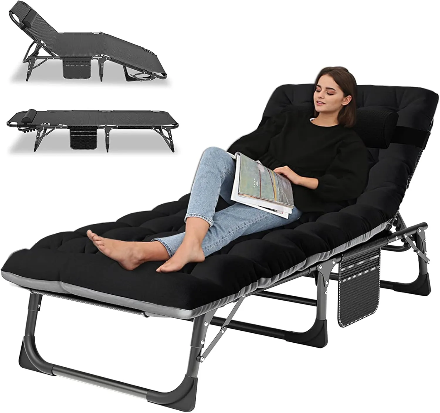 LILYPELLE Portable Folding Cot Bed, Adjustable 6-Position Adults Reclining Chaise with Pillow, Outdoor Portable Lounge Chair Sleeping Cot for Camping, Pool, Beach, Patio