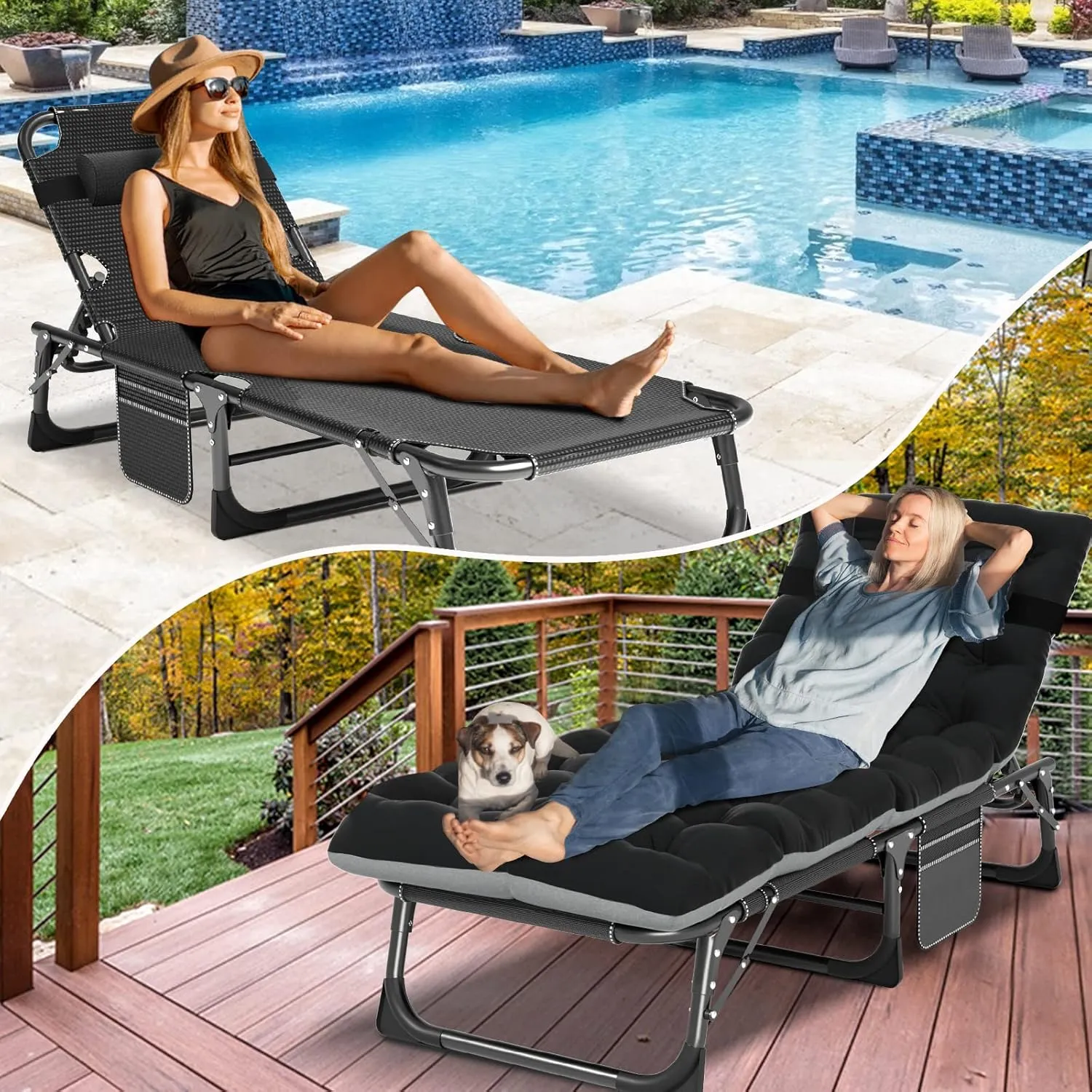 LILYPELLE Portable Folding Cot Bed, Adjustable 6-Position Adults Reclining Chaise with Pillow, Outdoor Portable Lounge Chair Sleeping Cot for Camping, Pool, Beach, Patio