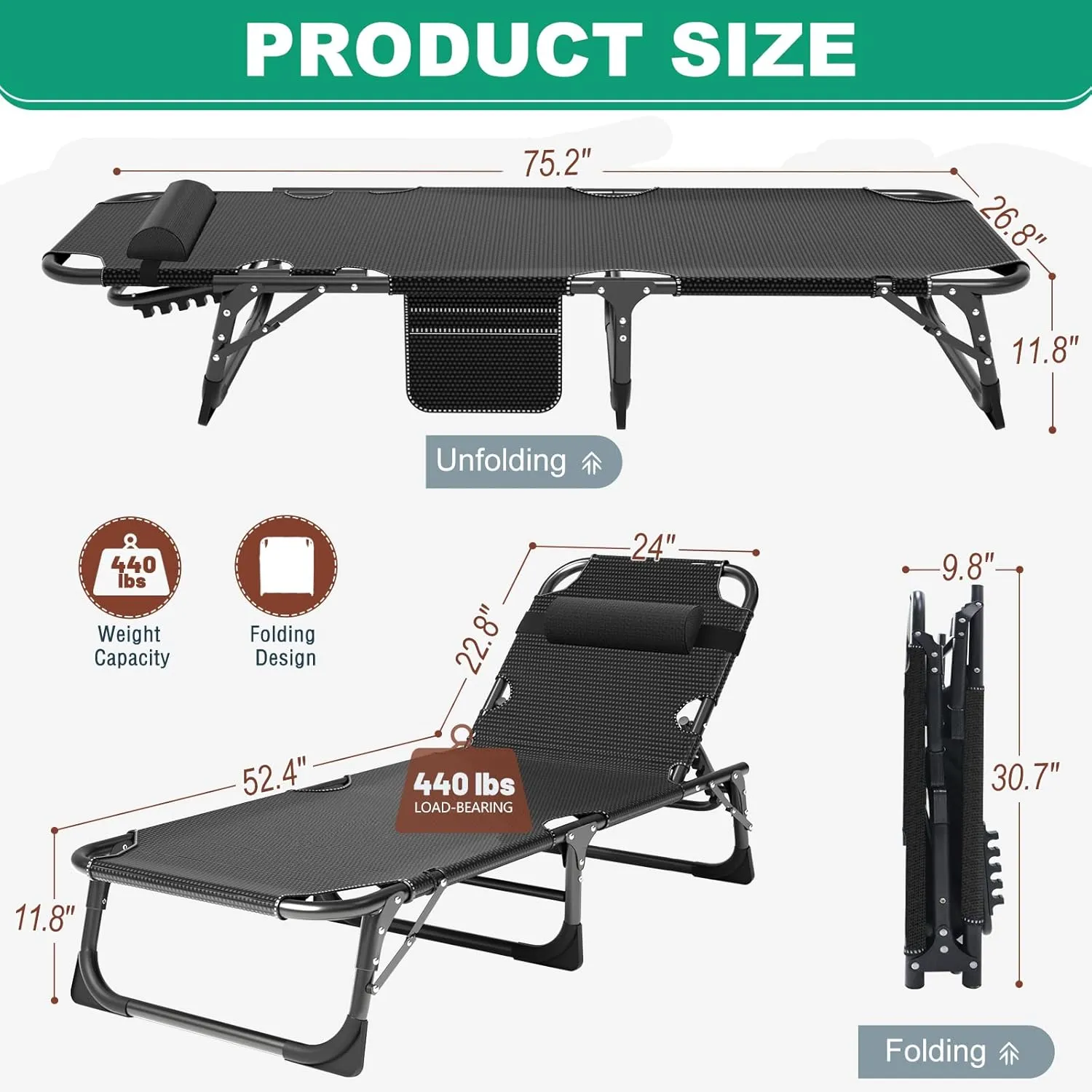 LILYPELLE Portable Folding Cot Bed, Adjustable 6-Position Adults Reclining Chaise with Pillow, Outdoor Portable Lounge Chair Sleeping Cot for Camping, Pool, Beach, Patio