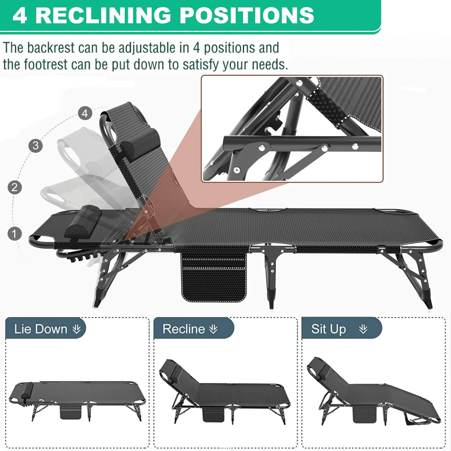 LILYPELLE Portable Folding Cot Bed, Adjustable 6-Position Adults Reclining Chaise with Pillow, Outdoor Portable Lounge Chair Sleeping Cot for Camping, Pool, Beach, Patio