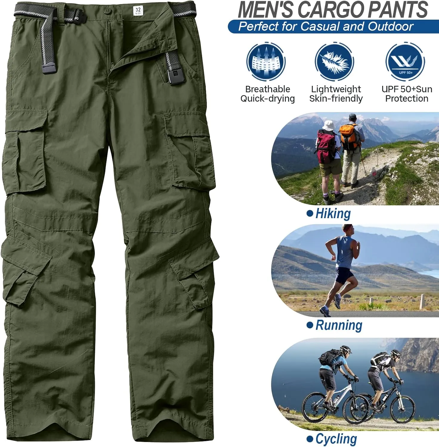 linlon Men's Outdoor Casual Quick Drying Lightweight Hiking Cargo Pants with 8 Pockets
