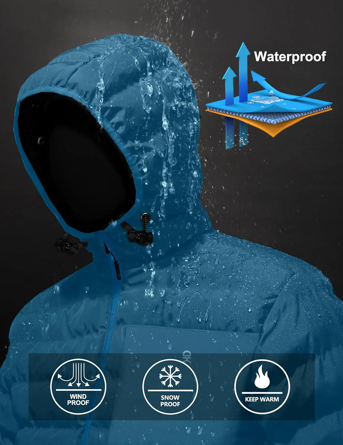 Little Donkey Andy Men's Warm Waterproof Puffer Jacket Hooded Windproof Winter Coat with Recycled Insulation