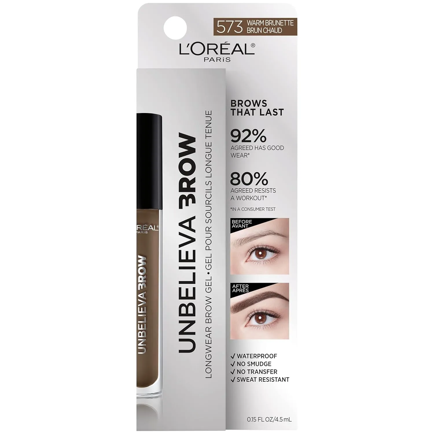 L'Oreal Paris Unbelieva-Brow Longwear Waterproof Tinted Brow Gel, Smudge-resistant, Transfer- Proof, Quick Drying, Easy and quick application with precise brush, Warm Brunette, 0.15 fl. oz.