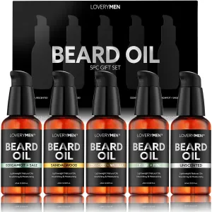 LOVERY Beard Oil for Men - Sandalwood, Tobacco Vanilla, Bergamot Sage, Cedar Pine, Unscented Fragrances, Mens Beard Oil w Argan & Jojoba Oil, Beard Softener Grooming Kit - 2 sets 5-Pack