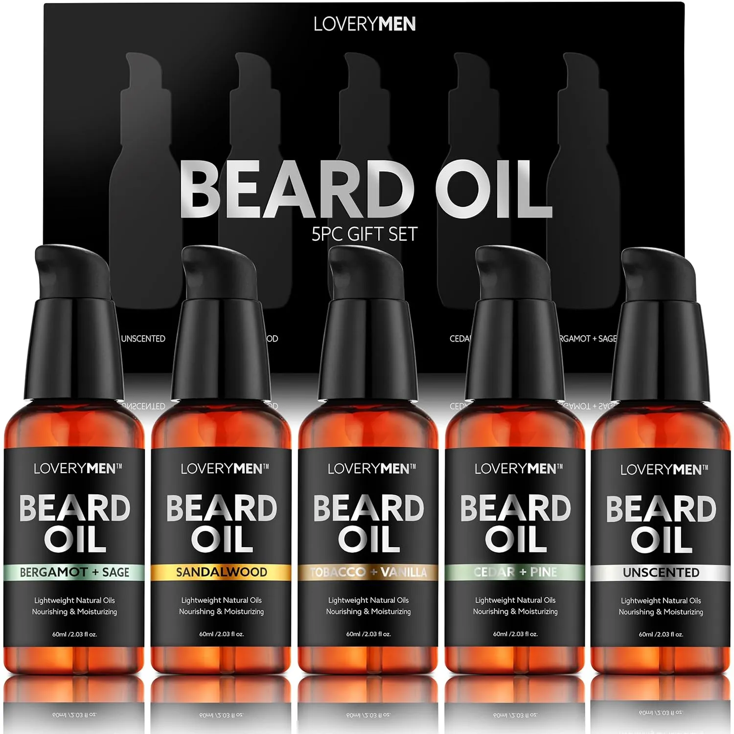 LOVERY Beard Oil for Men - Sandalwood, Tobacco Vanilla, Bergamot Sage, Cedar Pine, Unscented Fragrances, Mens Beard Oil w Argan & Jojoba Oil, Beard Softener Grooming Kit - 2 sets 5-Pack