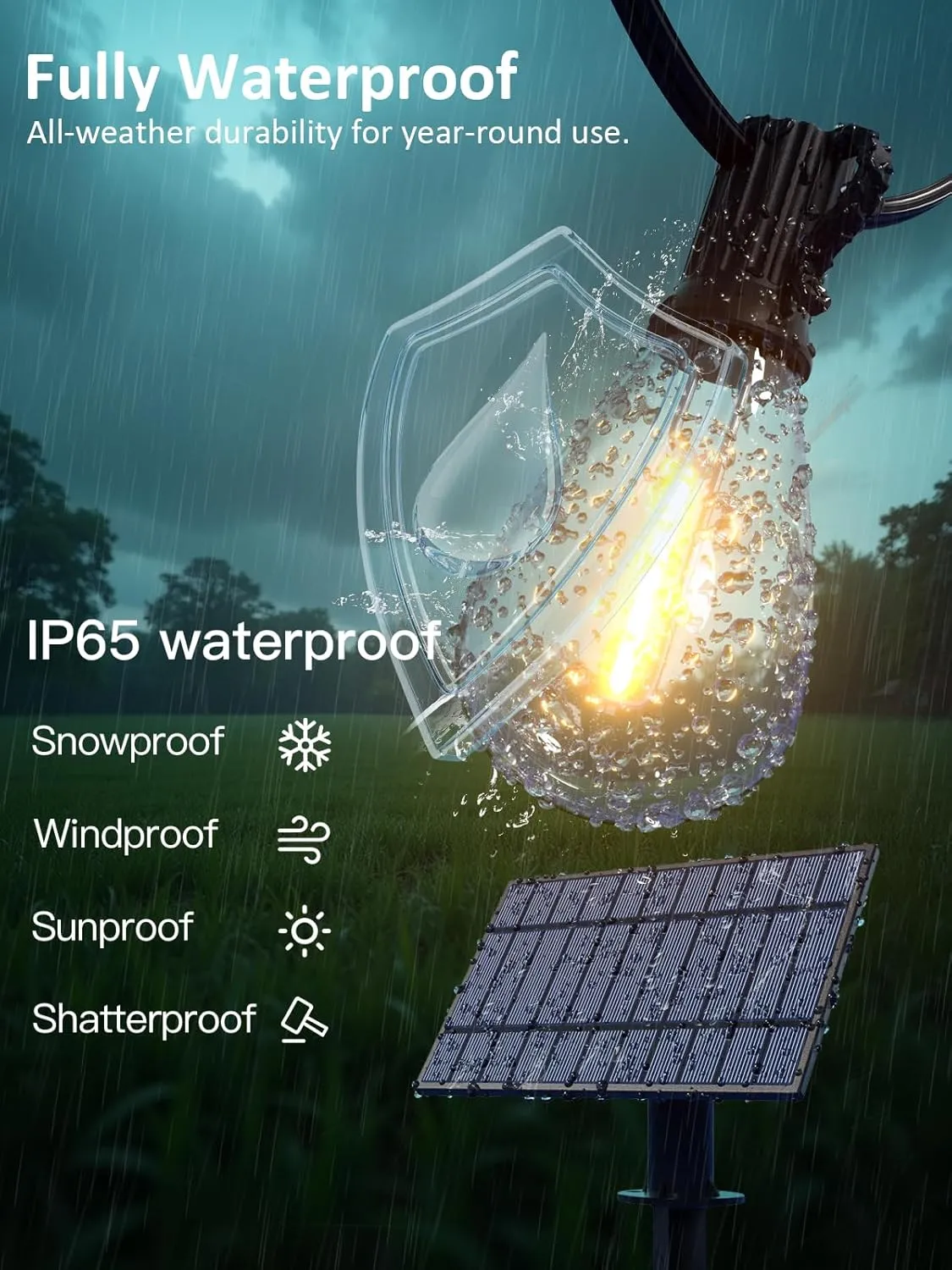 luckystyle 50FT Solar String Lights Outdoor Waterproof with 18 1 LED Bulbs Long Last for 20 Hrs, Commercial Grade Shatterproof USB Patio Solar Powered Lights for Camping，Backyard, Garden, Porch Decor
