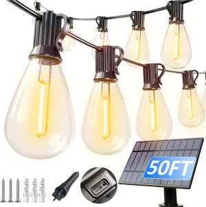 luckystyle 50FT Solar String Lights Outdoor Waterproof with 18 1 LED Bulbs Long Last for 20 Hrs, Commercial Grade Shatterproof USB Patio Solar Powered Lights for Camping，Backyard, Garden, Porch Decor