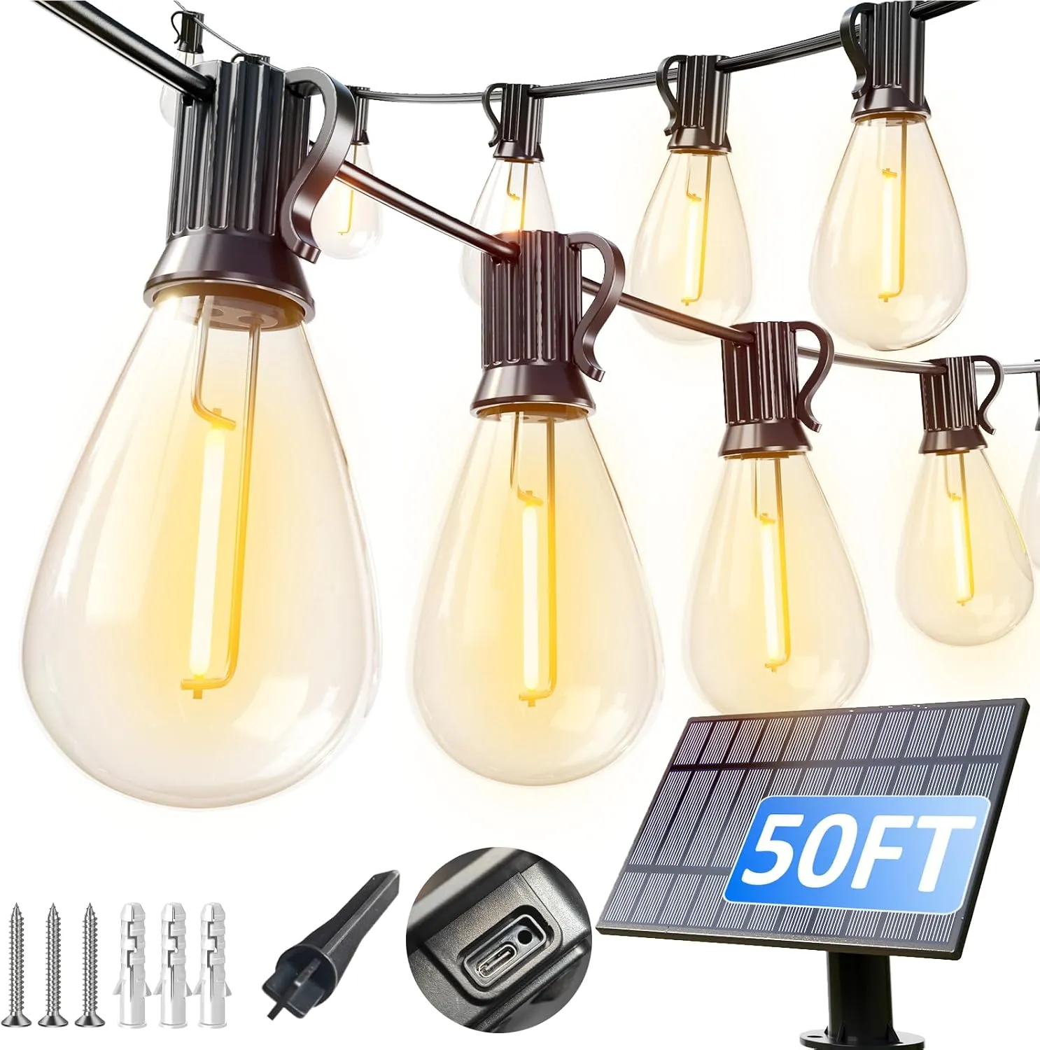 luckystyle 50FT Solar String Lights Outdoor Waterproof with 18 1 LED Bulbs Long Last for 20 Hrs, Commercial Grade Shatterproof USB Patio Solar Powered Lights for Camping，Backyard, Garden, Porch Decor