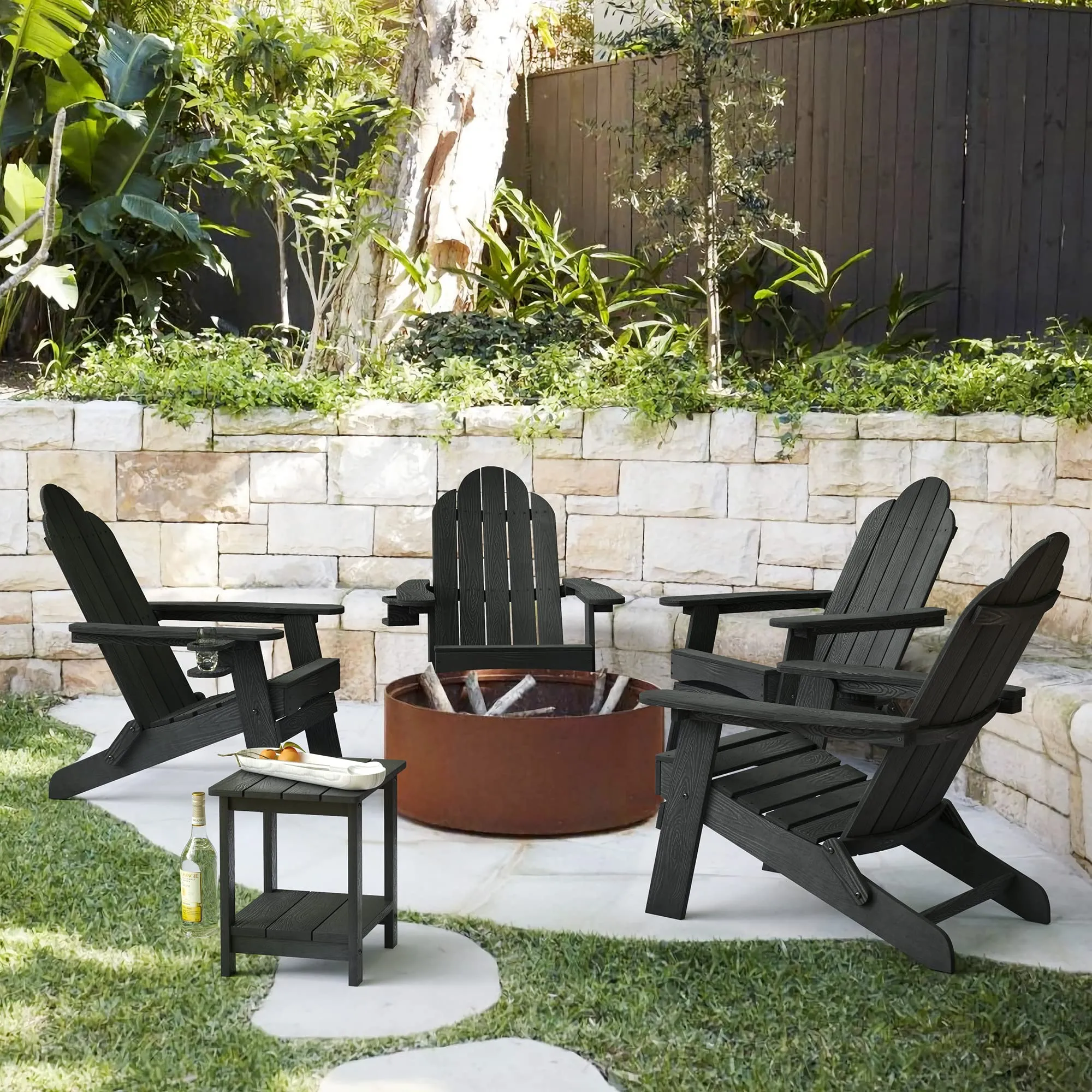 LUE BONA Folding Adirondack Chair Set of 4, Black HDPS Fire Pit Patio Chairs Weather Resistant, Modern Plastic Outdoor Chairs with Cup Holder