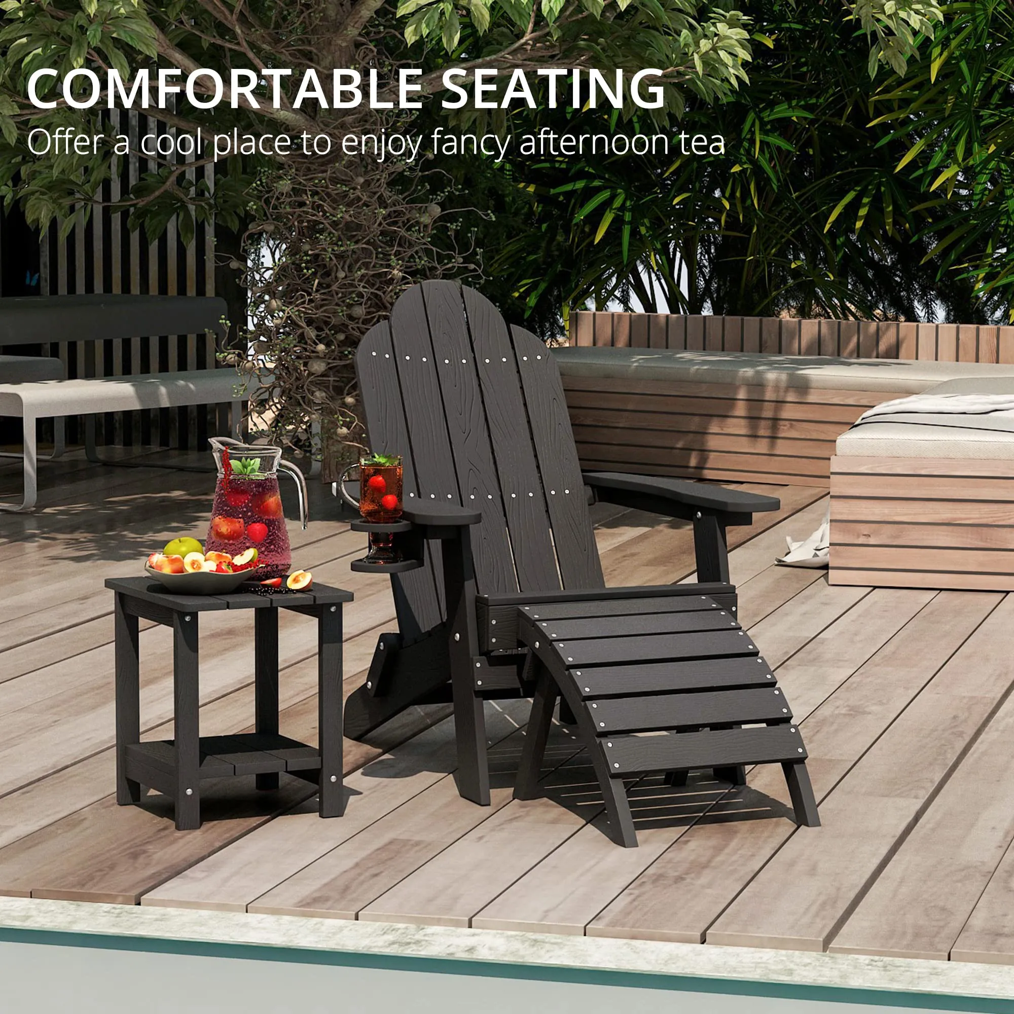 LUE BONA Folding Adirondack Chair Set of 4, Black HDPS Fire Pit Patio Chairs Weather Resistant, Modern Plastic Outdoor Chairs with Cup Holder