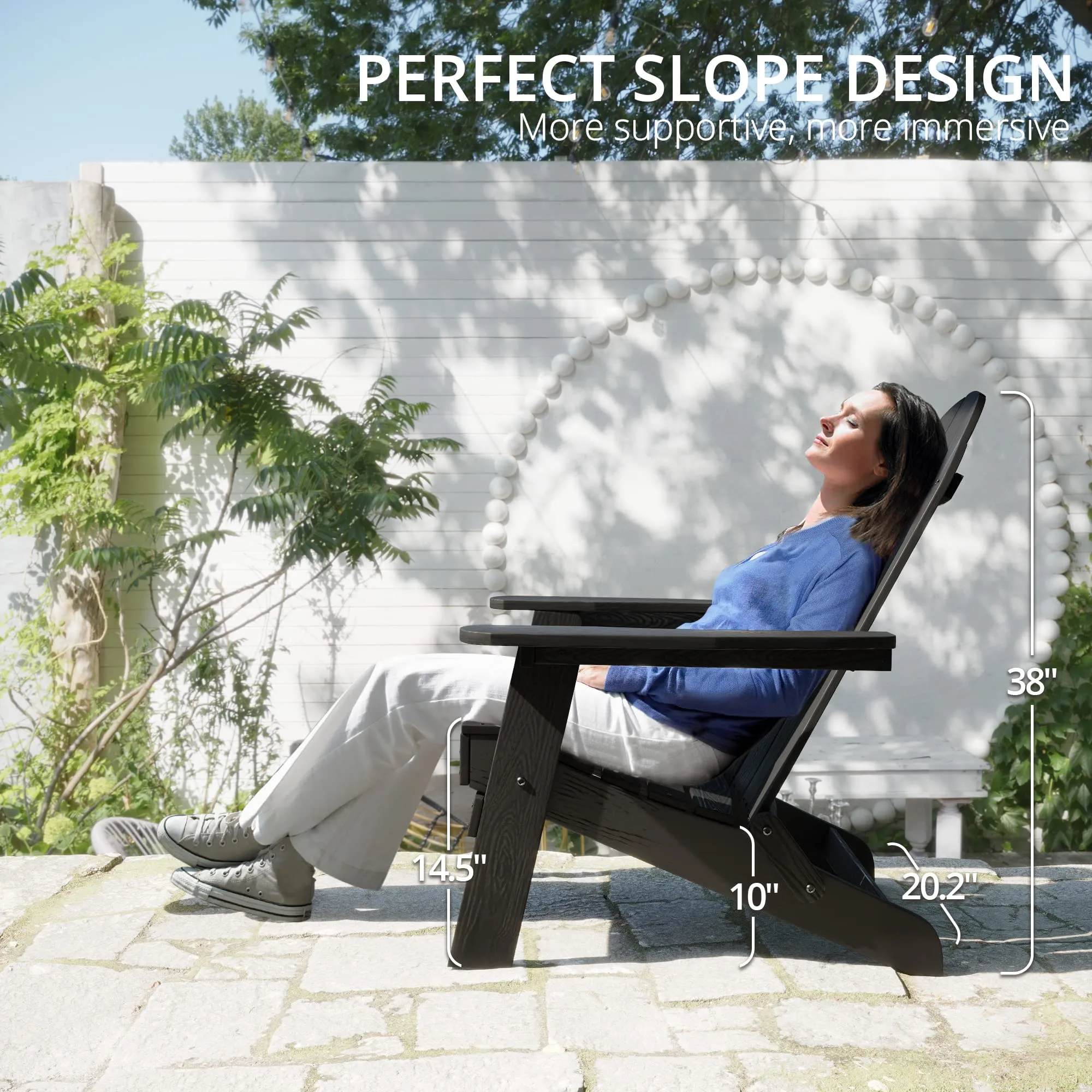 LUE BONA Folding Adirondack Chair Set of 4, Black HDPS Fire Pit Patio Chairs Weather Resistant, Modern Plastic Outdoor Chairs with Cup Holder
