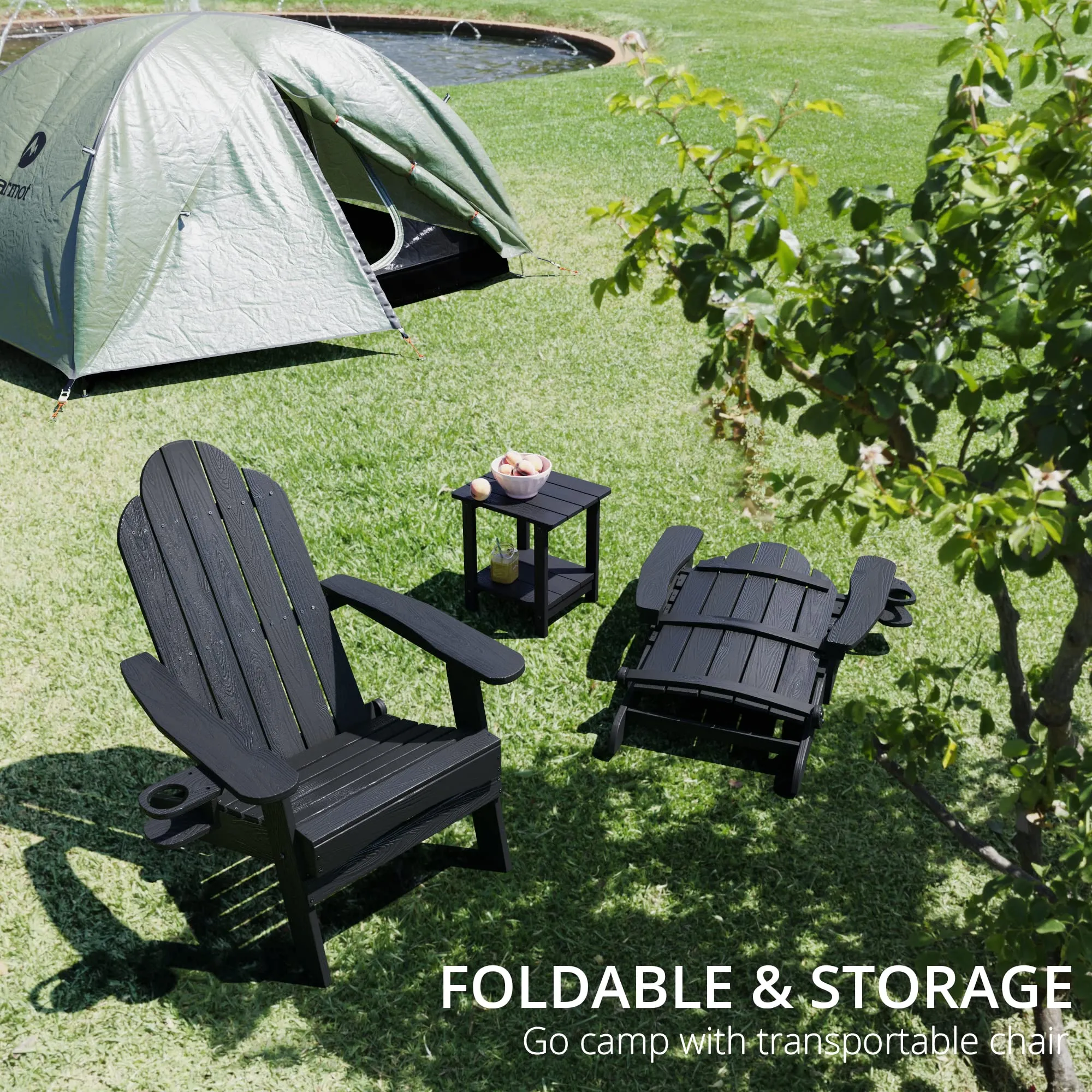 LUE BONA Folding Adirondack Chair Set of 4, Black HDPS Fire Pit Patio Chairs Weather Resistant, Modern Plastic Outdoor Chairs with Cup Holder
