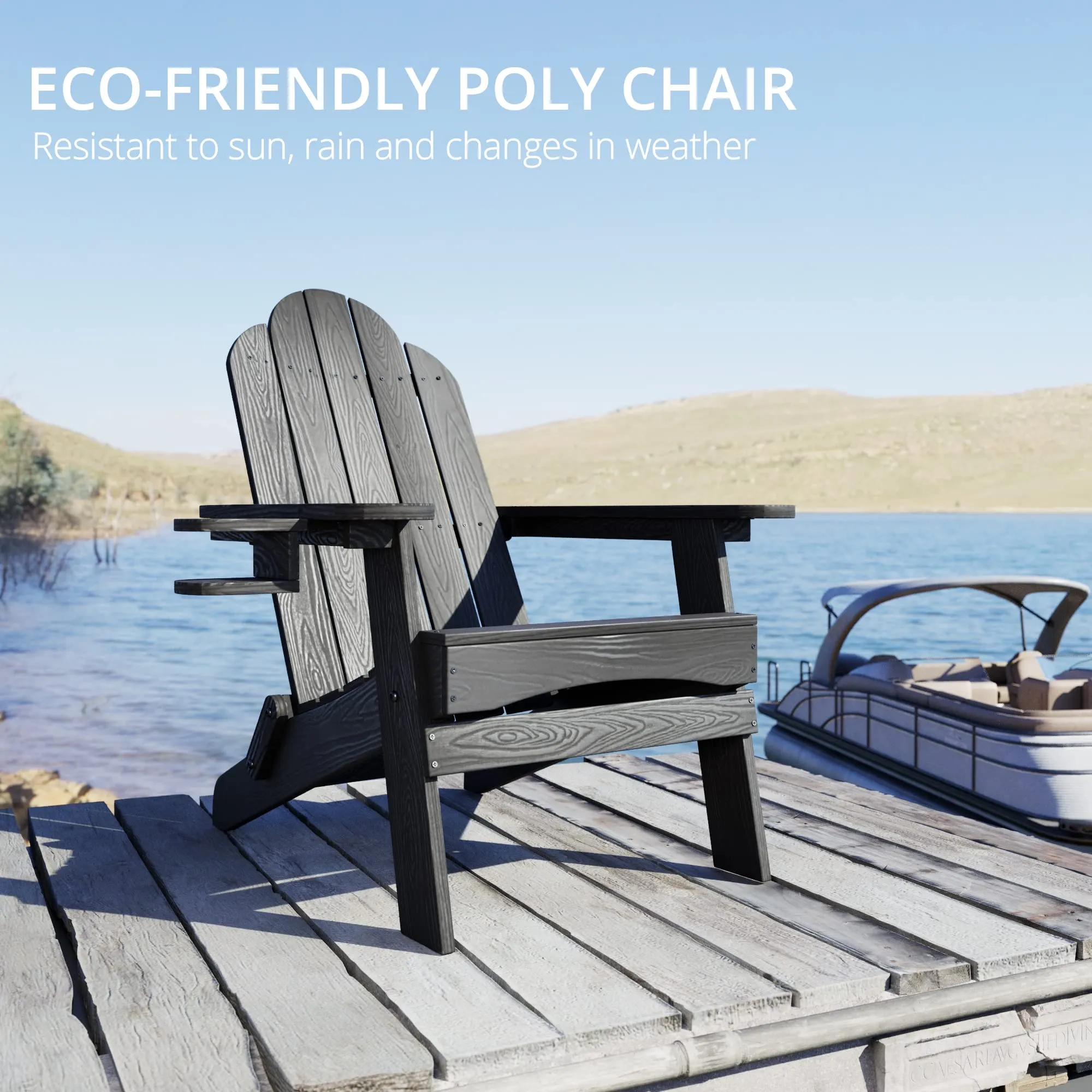 LUE BONA Folding Adirondack Chair Set of 4, Black HDPS Fire Pit Patio Chairs Weather Resistant, Modern Plastic Outdoor Chairs with Cup Holder