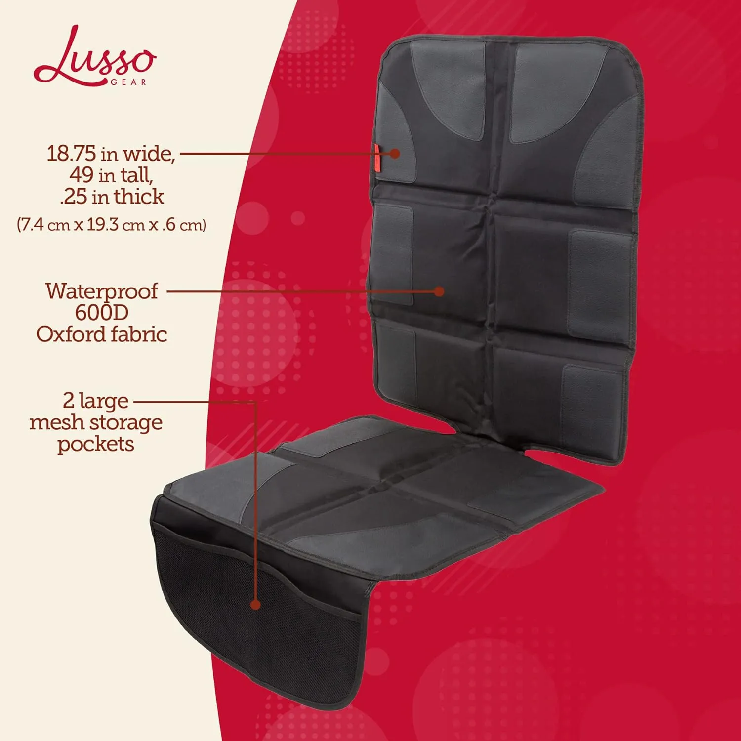 Lusso Gear Car Seat Protector (Value 2 Pack) – Thick Padding – Waterproof Cover Under Baby Seat with Two Mesh Pockets – Black Non-Slip Design