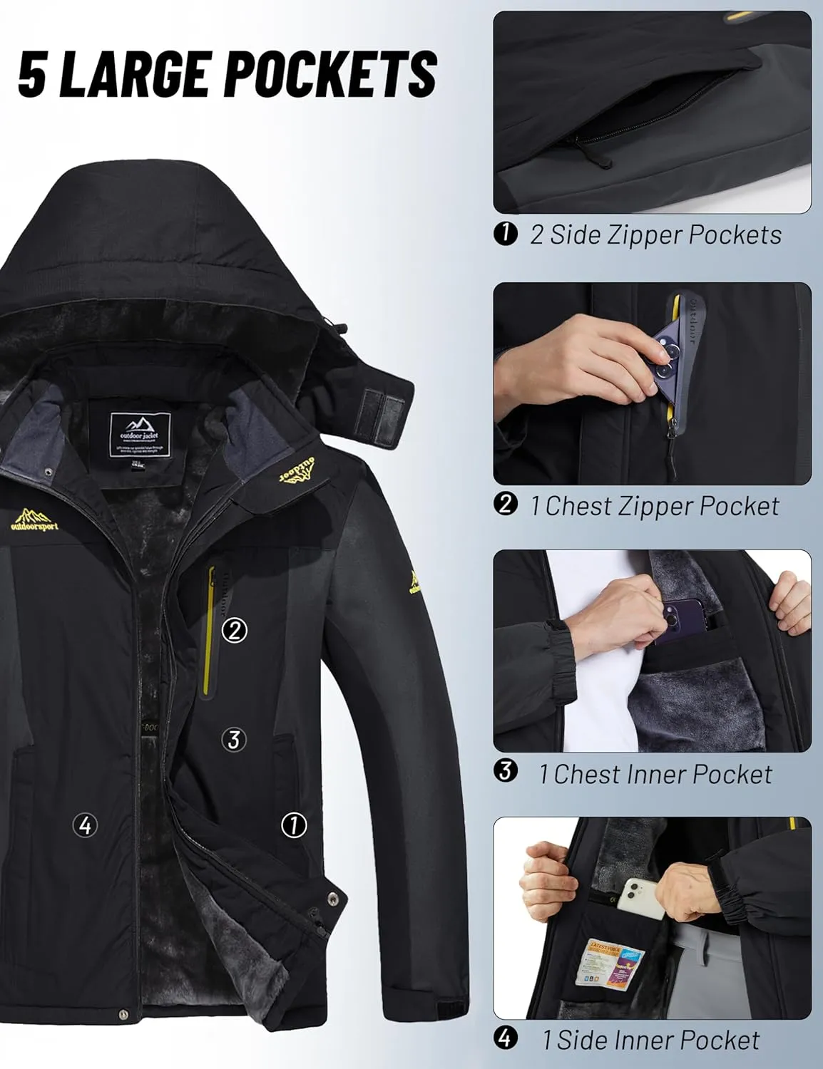 MAGCOMSEN Men's Winter Coats Water Resistant Snow Ski Jacket Fleece Lined Parka 5 Pockets