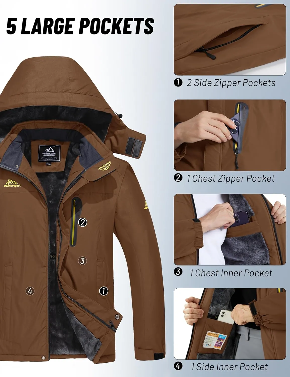 MAGCOMSEN Men's Winter Coats Water Resistant Snow Ski Jacket Fleece Lined Parka 5 Pockets