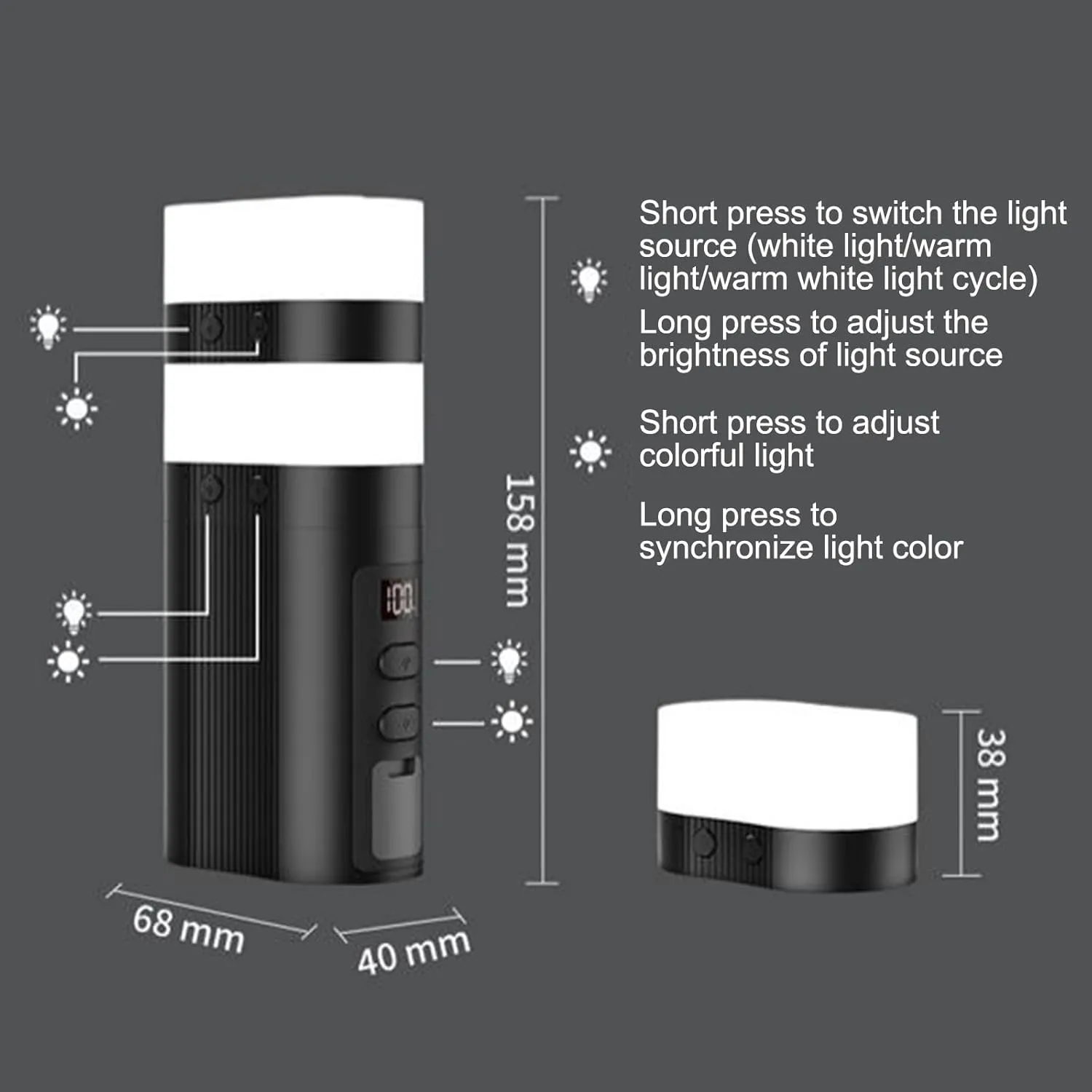 Magnetic Detachable 2 in 1 Camping Light Emergency Charge Real Time Display Screen Colorful Atmosphere Light for Camping Outdoor Activities Reading
