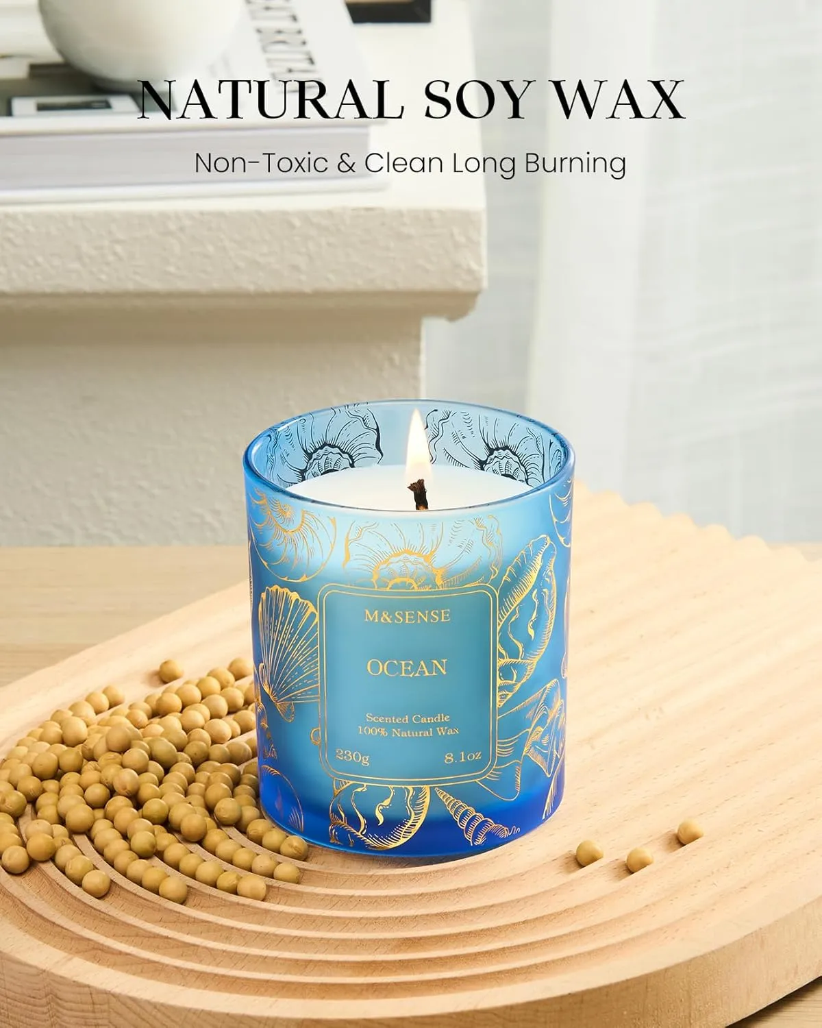 M&SENSE Ocean Scented Candles,Vegan Soy Candles,7.8oz 42-Hour Slow Burning Time,No Toxin Subtle Scented Home Fragrance for Summer Bathtub Aromatherapy Calming,Gifts for Women & Men