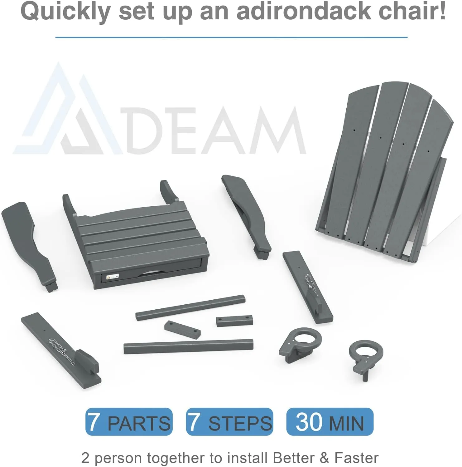 Mdeam 3-Level Adjustable Adirondack Chair with Retractable Ottoman, HDPE All-Weather Folding Fire Pit Chair with 2 Cup Holders, Outdoor Chair for Deck Patio Garden Backyard Lawn (Grey)