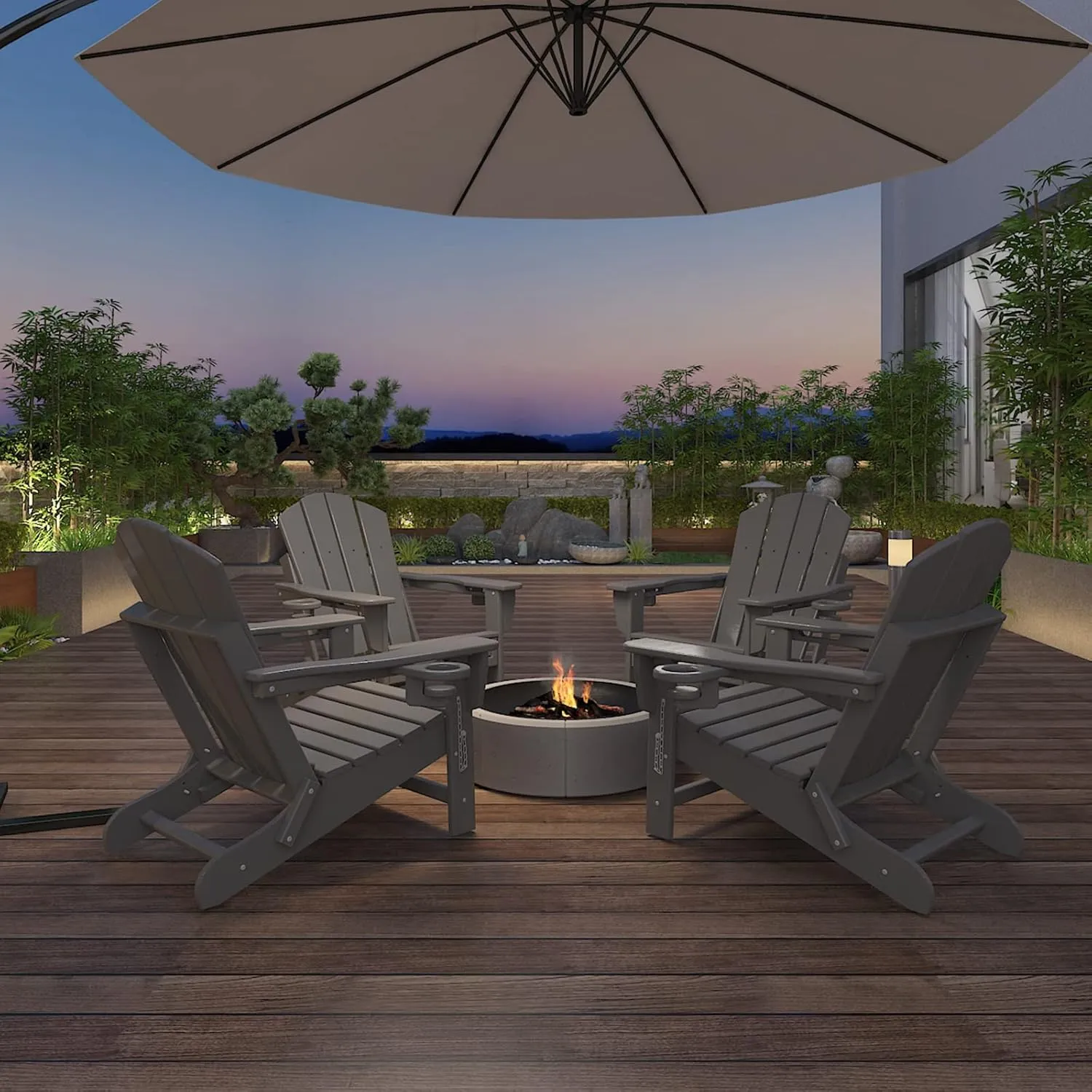 Mdeam 3-Level Adjustable Adirondack Chair with Retractable Ottoman, HDPE All-Weather Folding Fire Pit Chair with 2 Cup Holders, Outdoor Chair for Deck Patio Garden Backyard Lawn (Grey)