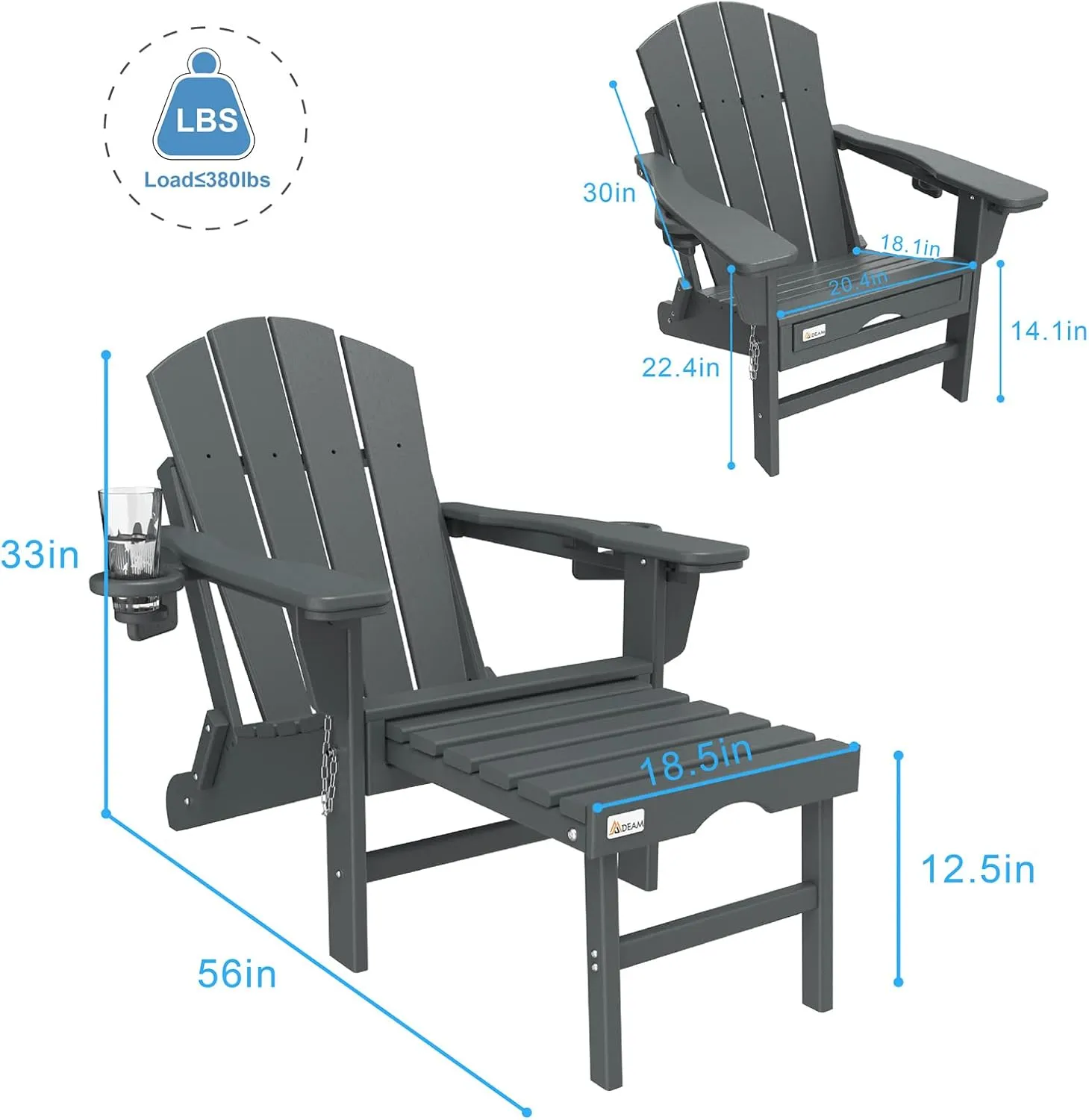 Mdeam 3-Level Adjustable Adirondack Chair with Retractable Ottoman, HDPE All-Weather Folding Fire Pit Chair with 2 Cup Holders, Outdoor Chair for Deck Patio Garden Backyard Lawn (Grey)