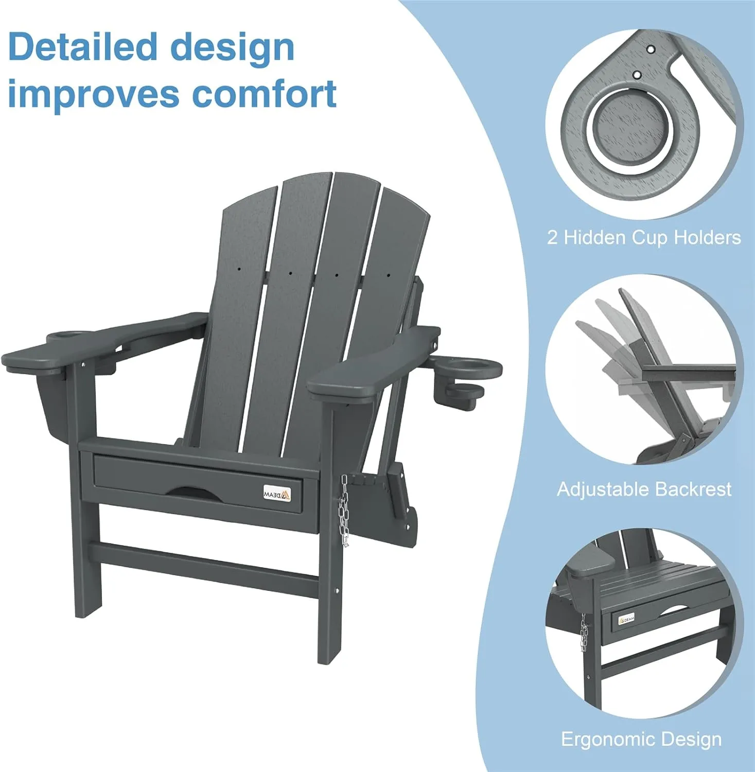 Mdeam 3-Level Adjustable Adirondack Chair with Retractable Ottoman, HDPE All-Weather Folding Fire Pit Chair with 2 Cup Holders, Outdoor Chair for Deck Patio Garden Backyard Lawn (Grey)