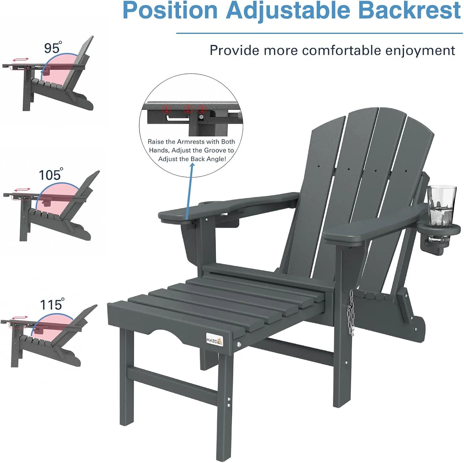 Mdeam 3-Level Adjustable Adirondack Chair with Retractable Ottoman, HDPE All-Weather Folding Fire Pit Chair with 2 Cup Holders, Outdoor Chair for Deck Patio Garden Backyard Lawn (Grey)