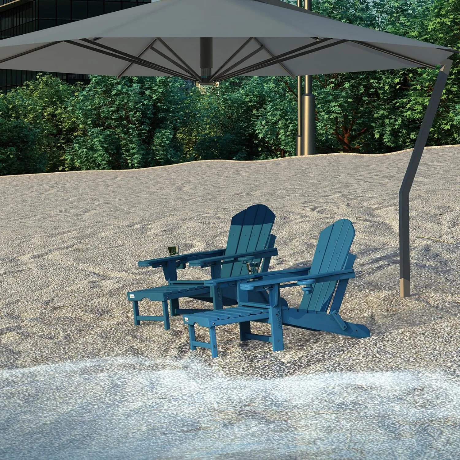 Mdeam 3-Level Adjustable Adirondack Chair with Retractable Ottoman, HDPE All-Weather Folding Fire Pit Chair with 2 Cup Holders, Outdoor Chair for Deck Patio Garden Backyard Lawn (Navy Blue)