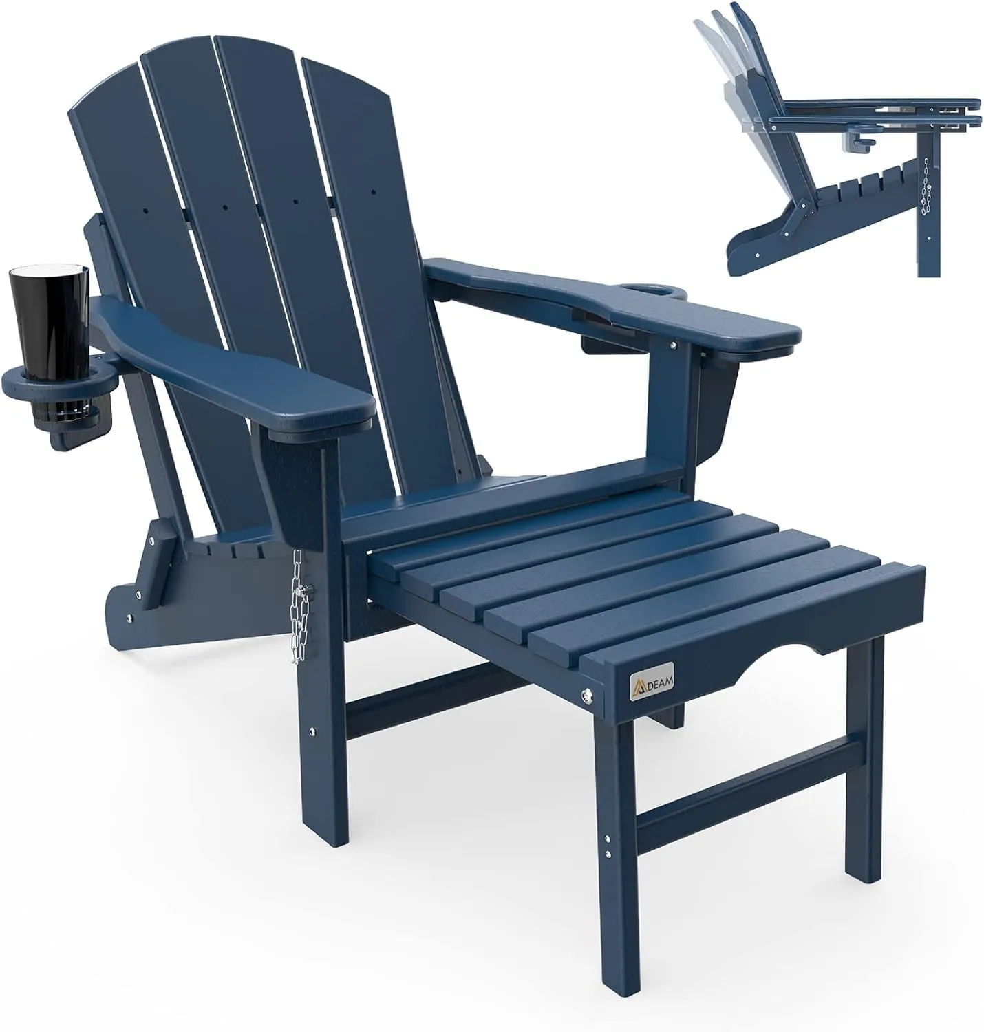 Mdeam 3-Level Adjustable Adirondack Chair with Retractable Ottoman, HDPE All-Weather Folding Fire Pit Chair with 2 Cup Holders, Outdoor Chair for Deck Patio Garden Backyard Lawn (Navy Blue)