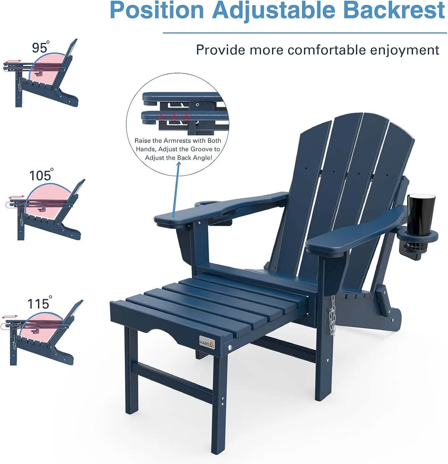 Mdeam 3-Level Adjustable Adirondack Chair with Retractable Ottoman, HDPE All-Weather Folding Fire Pit Chair with 2 Cup Holders, Outdoor Chair for Deck Patio Garden Backyard Lawn (Navy Blue)