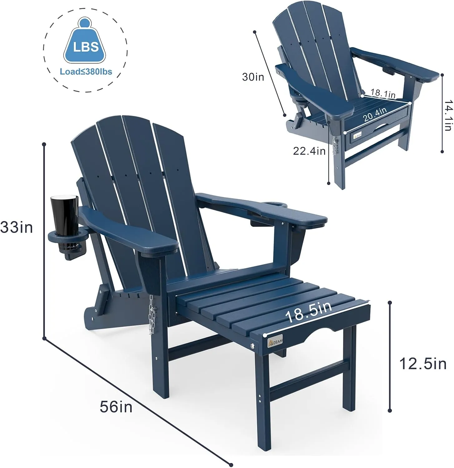 Mdeam 3-Level Adjustable Adirondack Chair with Retractable Ottoman, HDPE All-Weather Folding Fire Pit Chair with 2 Cup Holders, Outdoor Chair for Deck Patio Garden Backyard Lawn (Navy Blue)