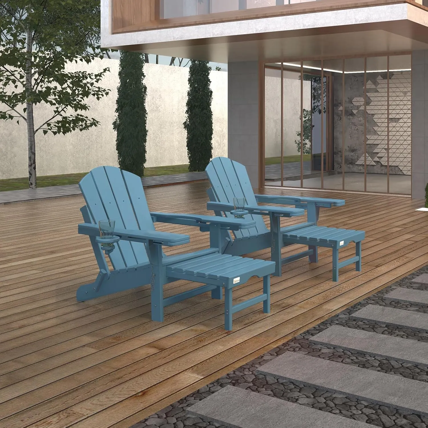 Mdeam 3-Level Adjustable Adirondack Chair with Retractable Ottoman, HDPE All-Weather Folding Fire Pit Chair with 2 Cup Holders, Outdoor Chair for Deck Patio Garden Backyard Lawn (Navy Blue)