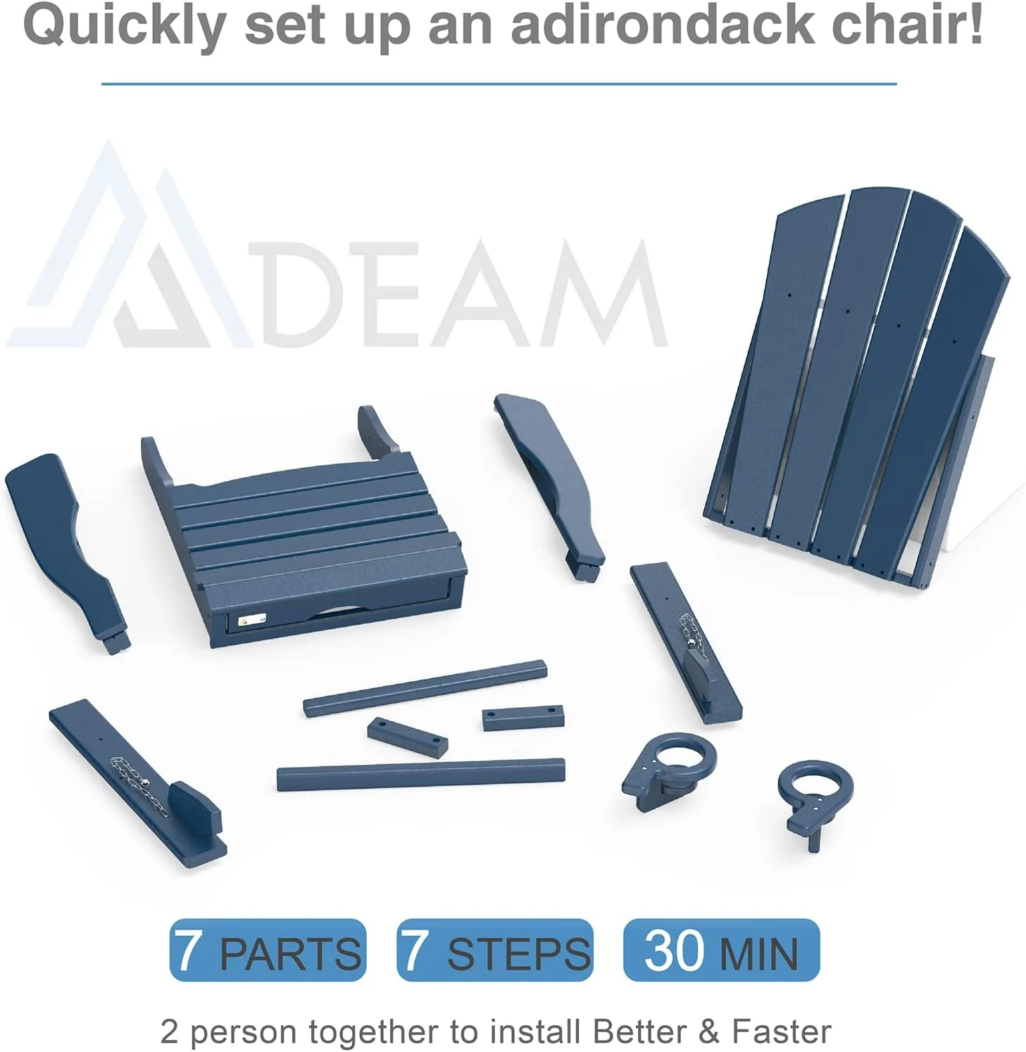 Mdeam 3-Level Adjustable Adirondack Chair with Retractable Ottoman, HDPE All-Weather Folding Fire Pit Chair with 2 Cup Holders, Outdoor Chair for Deck Patio Garden Backyard Lawn (Navy Blue)