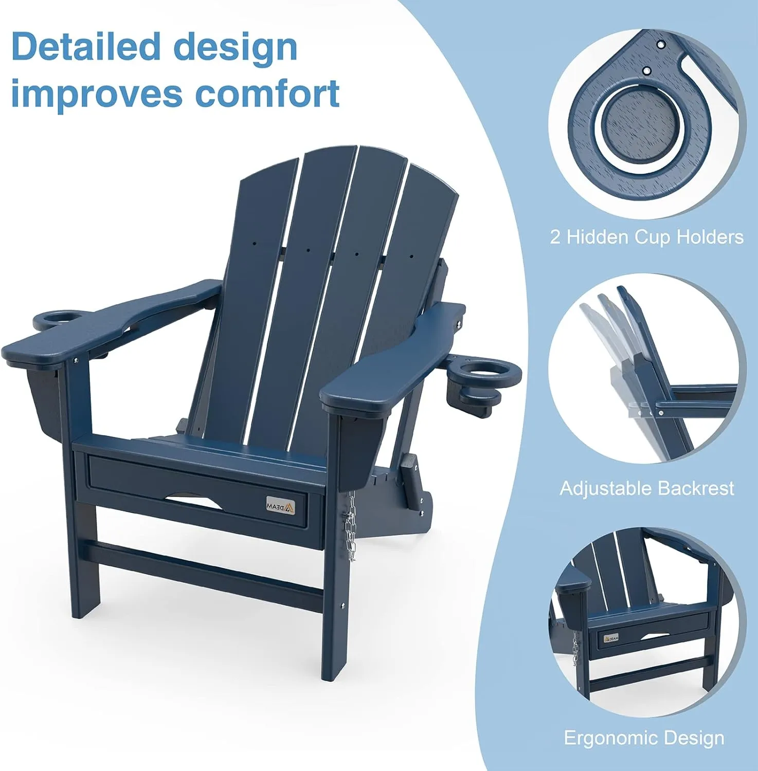 Mdeam 3-Level Adjustable Adirondack Chair with Retractable Ottoman, HDPE All-Weather Folding Fire Pit Chair with 2 Cup Holders, Outdoor Chair for Deck Patio Garden Backyard Lawn (Navy Blue)
