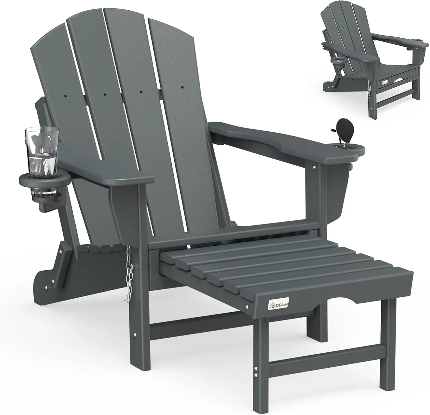 Mdeam Folding Adirondack Chair with Retractable Ottoman, HDPE All-Weather Fire Pit Chair with 2 Cup Holders, Outdoor Chair for Deck Patio Garden Backyard Lawn (Grey)