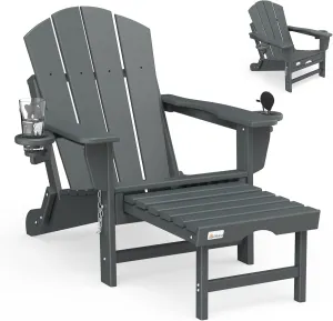 Mdeam Folding Adirondack Chair with Retractable Ottoman, HDPE All-Weather Fire Pit Chair with 2 Cup Holders, Outdoor Chair for Deck Patio Garden Backyard Lawn (Grey)