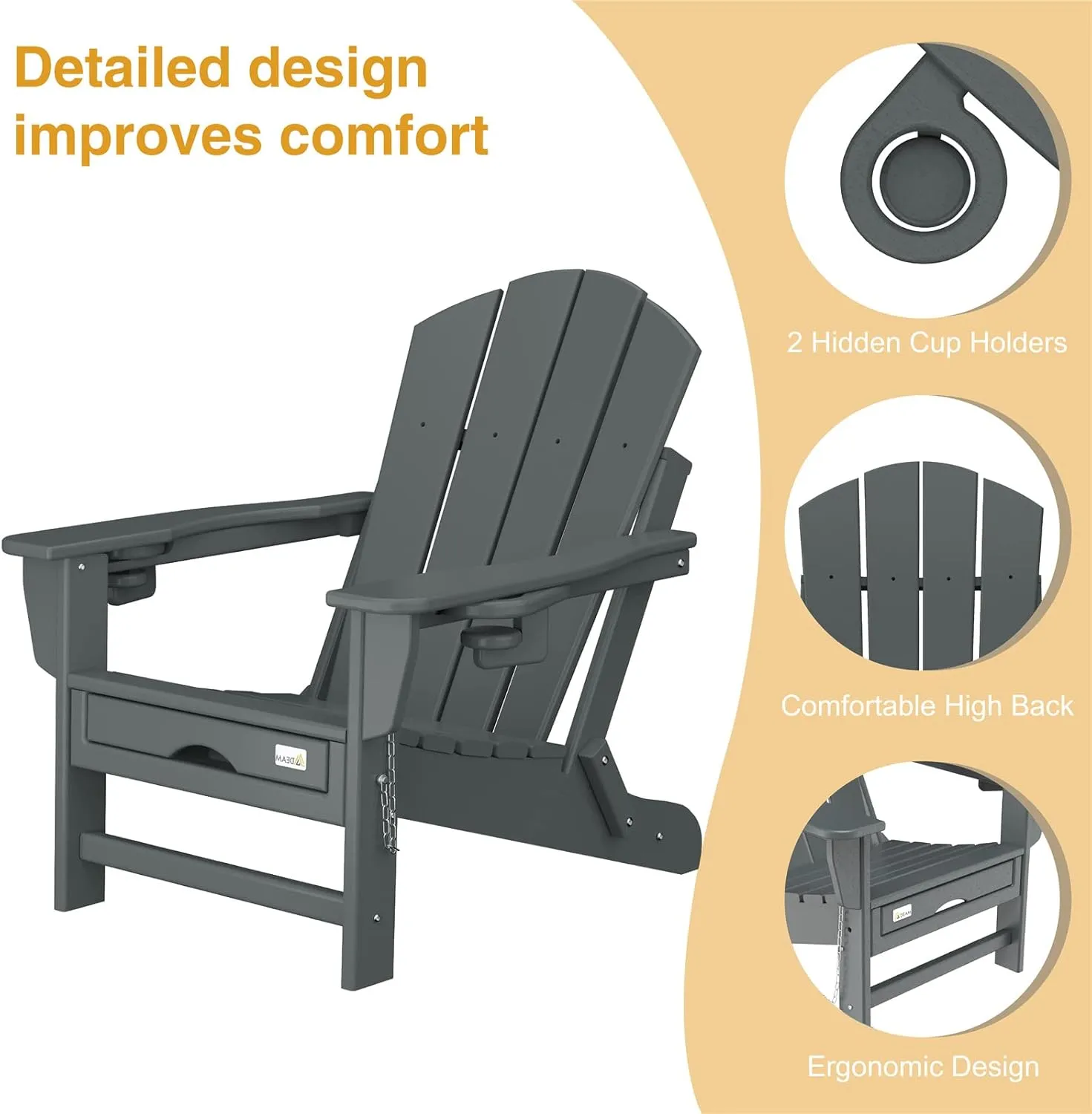 Mdeam Folding Adirondack Chair with Retractable Ottoman, HDPE All-Weather Fire Pit Chair with 2 Cup Holders, Outdoor Chair for Deck Patio Garden Backyard Lawn (Grey)