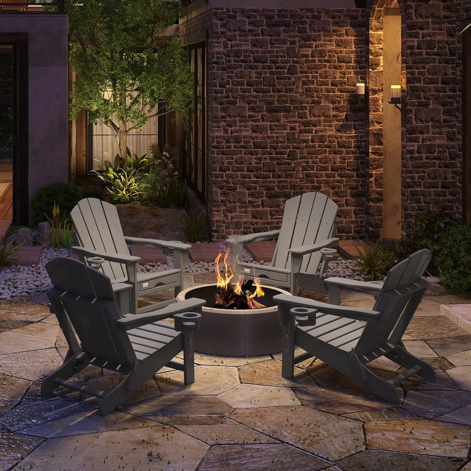 Mdeam Folding Adirondack Chair with Retractable Ottoman, HDPE All-Weather Fire Pit Chair with 2 Cup Holders, Outdoor Chair for Deck Patio Garden Backyard Lawn (Grey)