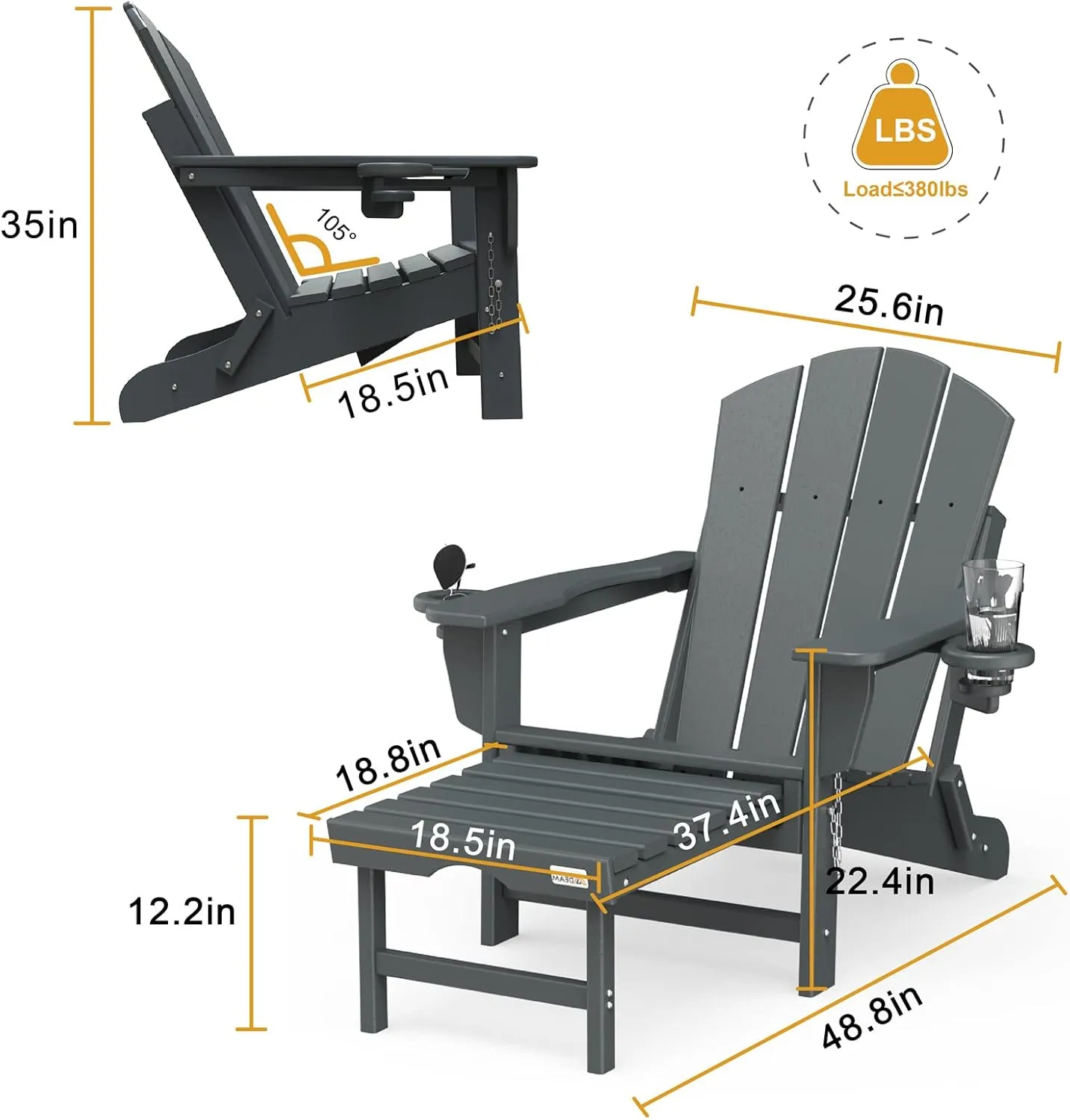 Mdeam Folding Adirondack Chair with Retractable Ottoman, HDPE All-Weather Fire Pit Chair with 2 Cup Holders, Outdoor Chair for Deck Patio Garden Backyard Lawn (Grey)